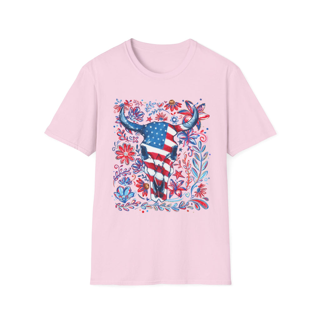 American Flag Longhorn T-Shirt — Patriotic Western Bull Tee for 4th of July - Midnight Eye, LLC