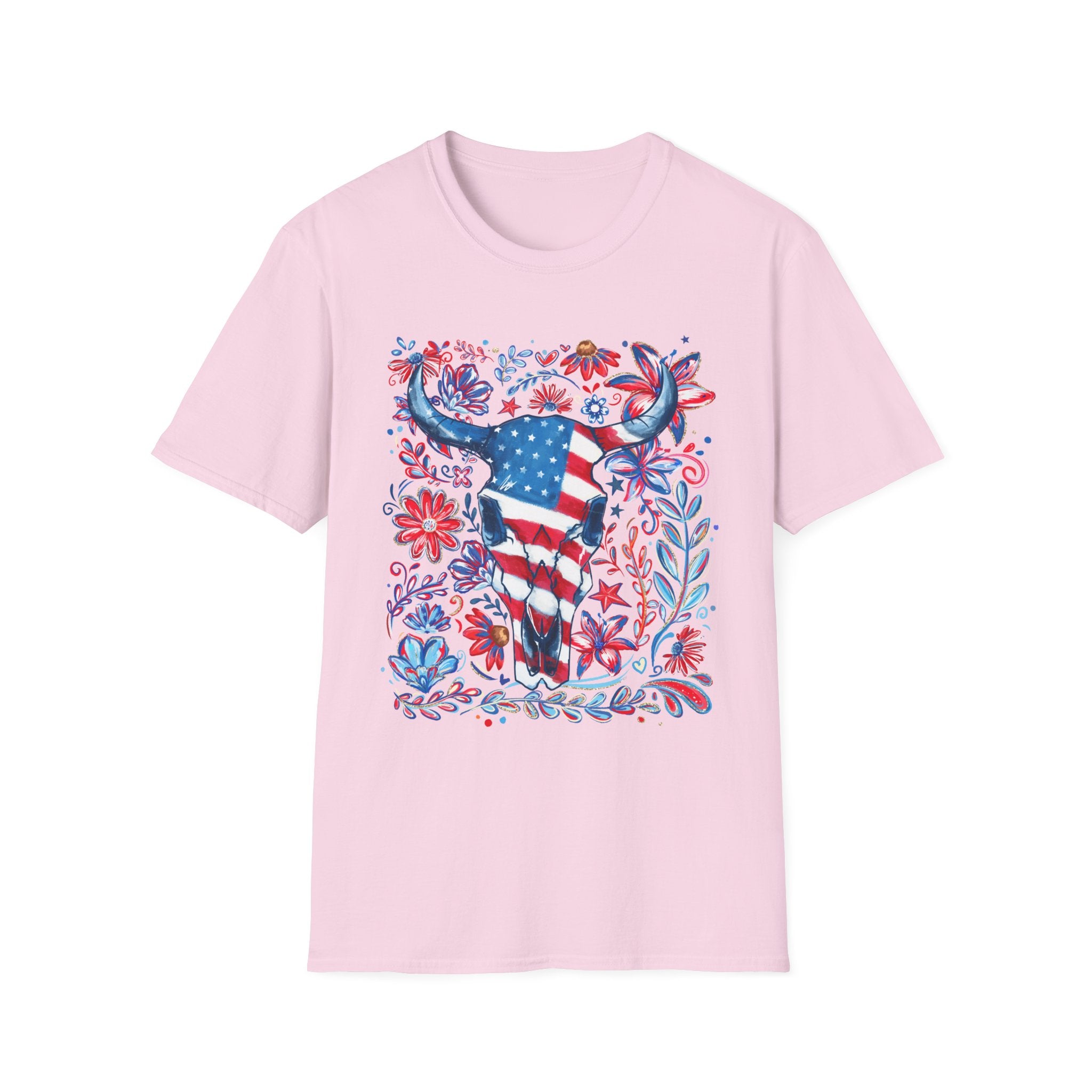 American Flag Longhorn T-Shirt — Patriotic Western Bull Tee for 4th of July - Midnight Eye, LLC