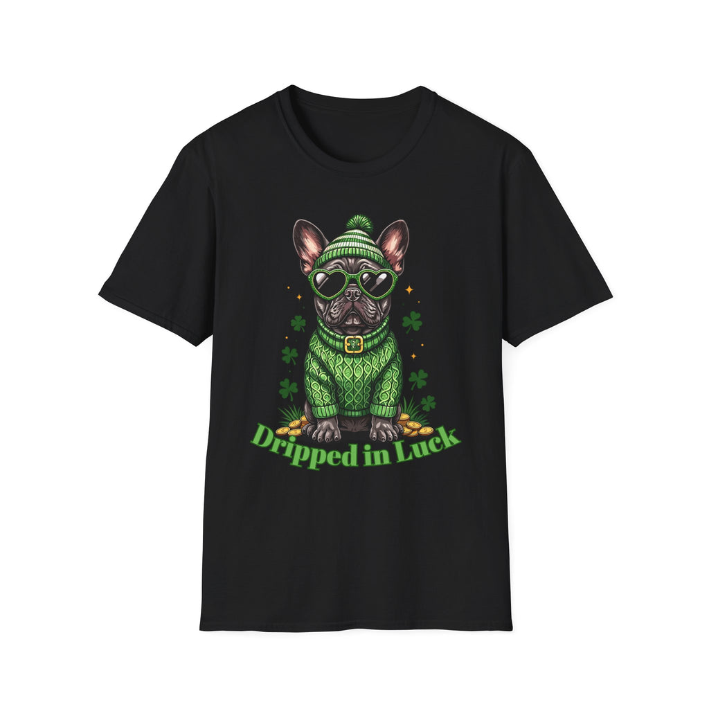 Black t-shirt with a dog graphic wearing a green sweater and hat, text 'Dipped in Luck' on a white background.