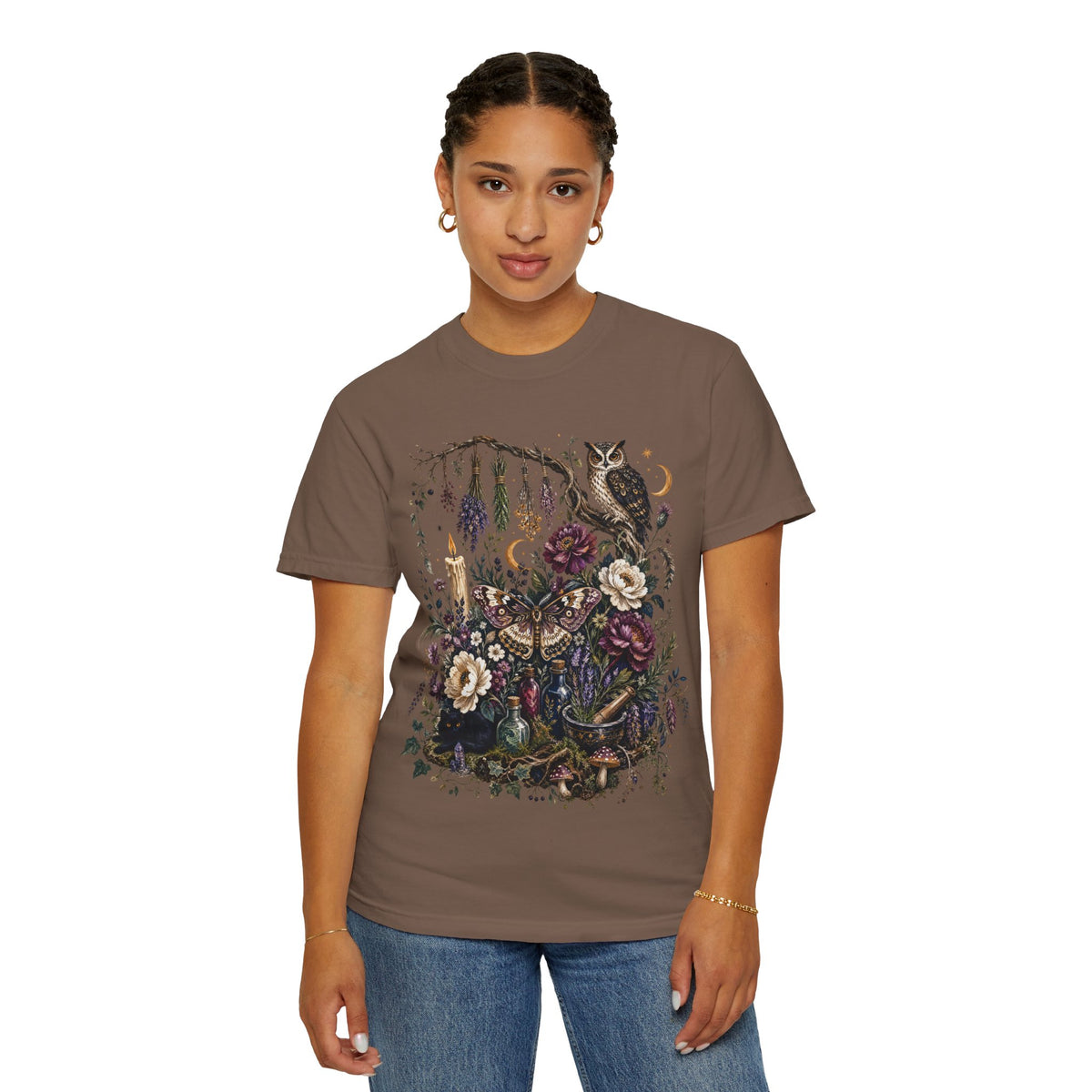 Mystical Forest Owl T-Shirt — Botanical Witchy Moonlight Art Tee, Midnight Eye, LLC