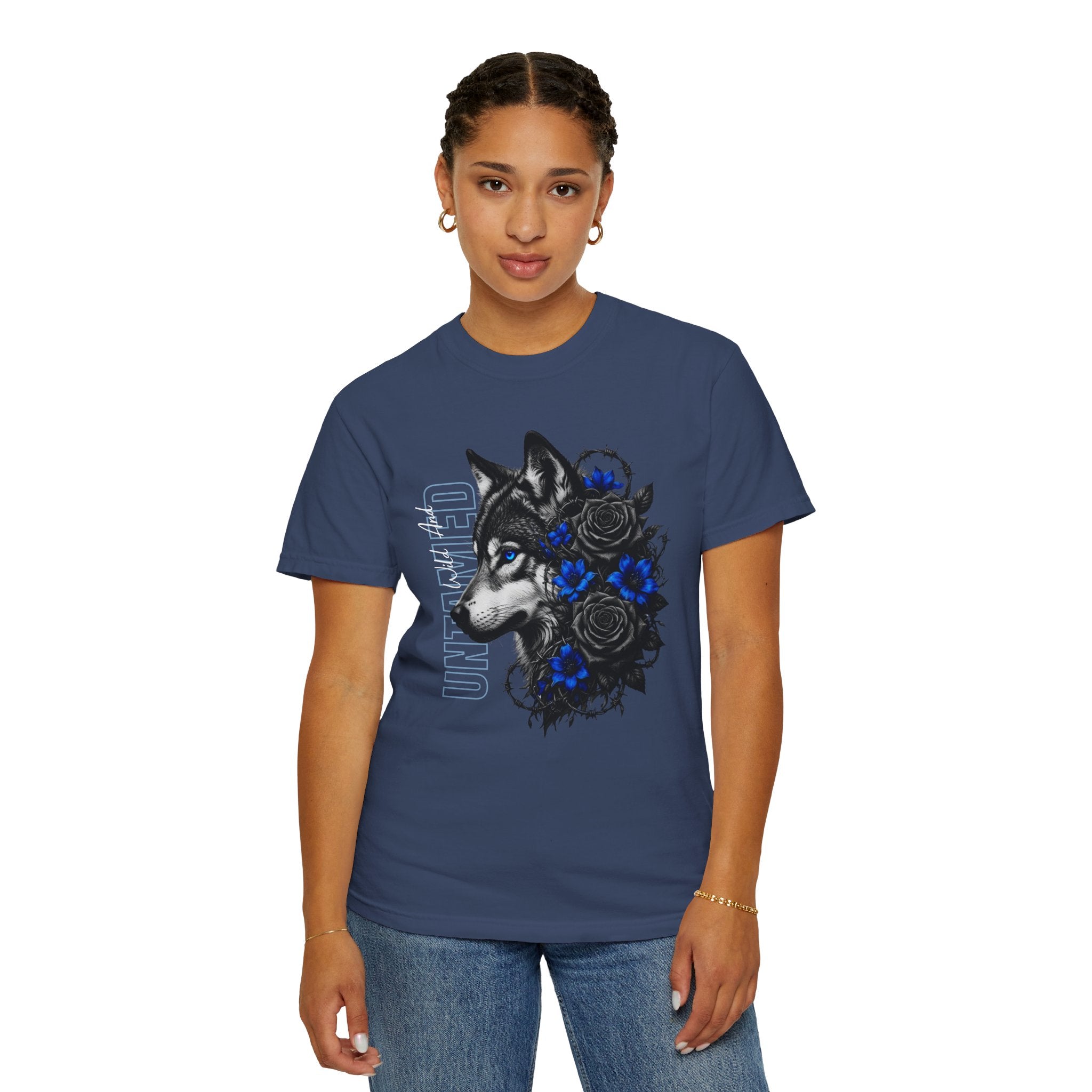 Wolf Floral T-Shirt — "Untamed" Graphic Tee with Blue & Black Roses. Midnight Eye, LLC.