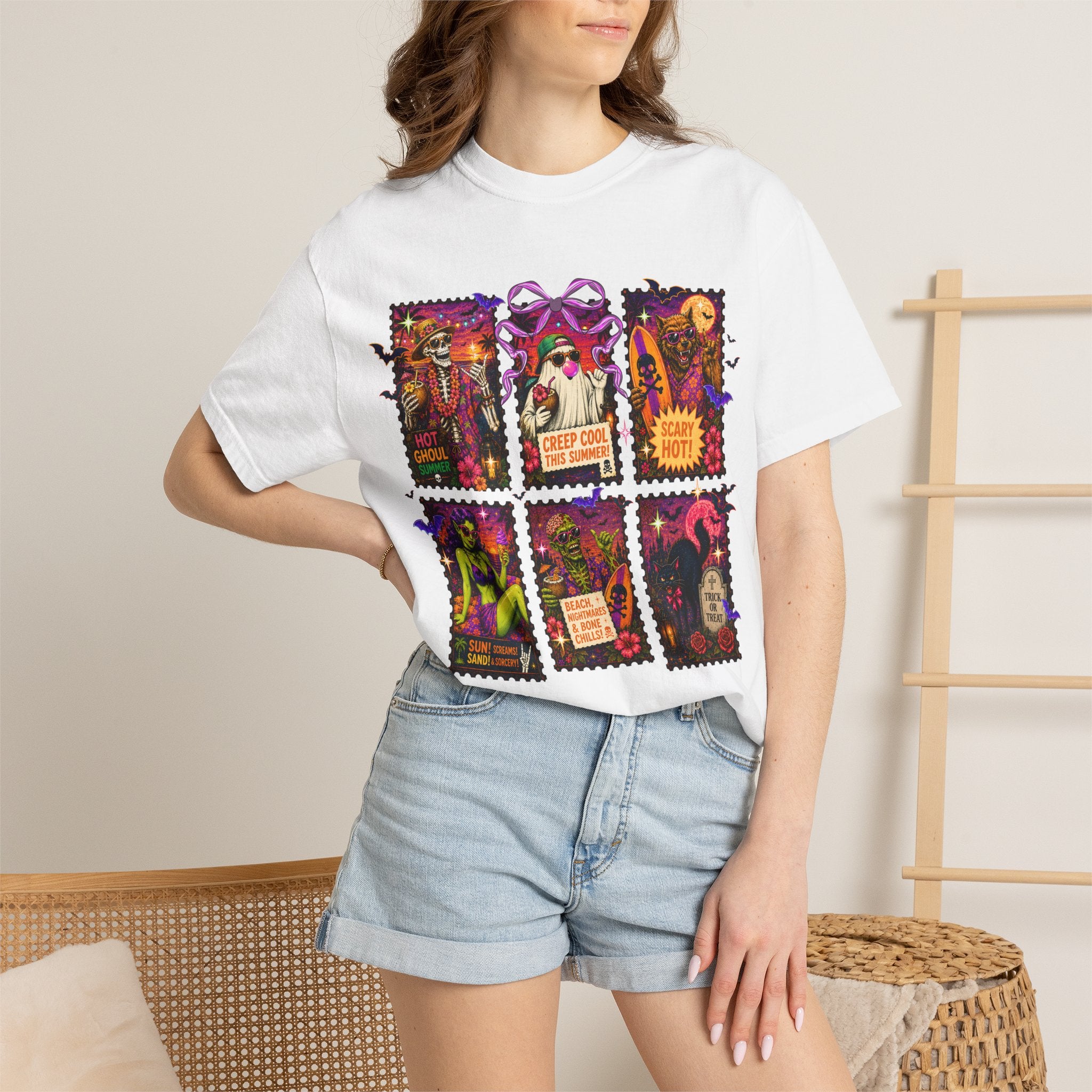 Halloween Horror Stamps T-Shirt — Vintage Spooky Postage Collage. Midnight Eye, LLC.