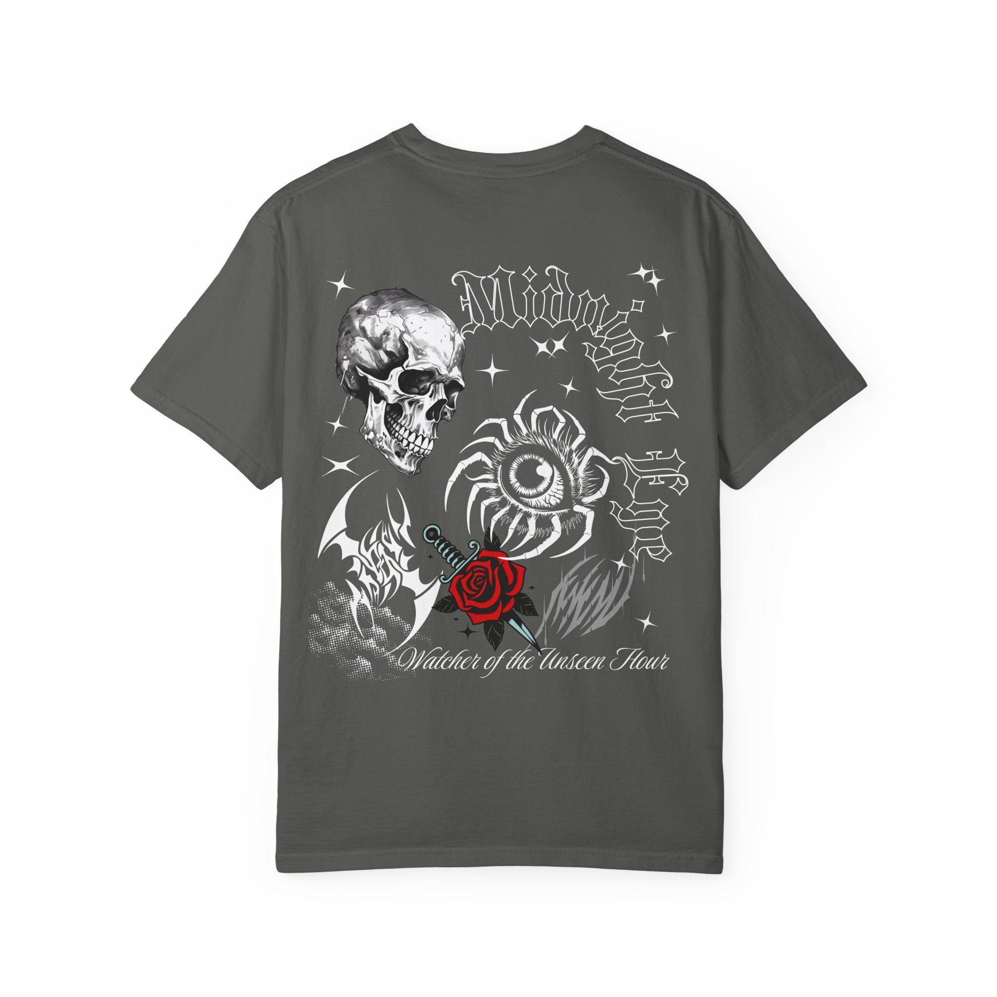 Skull & Red Rose Graphic T-Shirt — Midnight Rose Back Print - Eye T-Shirt - Mystical Tee - Dark Aesthetic Tee - Midnight Eye, LLC