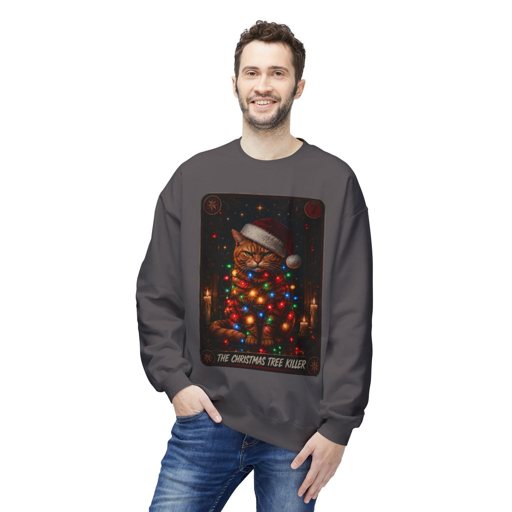 Funny Christmas Cat Crewneck Sweatshirt - "The Christmas Tree Killer" Holiday Sweater. Midnight Eye, LLC
