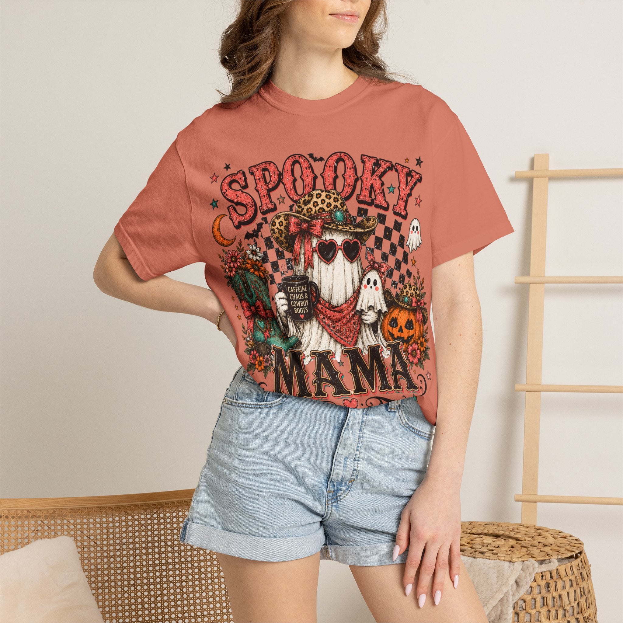 Spooky Mama T-Shirt — Vintage Halloween Ghosts & Pumpkin Graphic. Midnight Eye, LLC