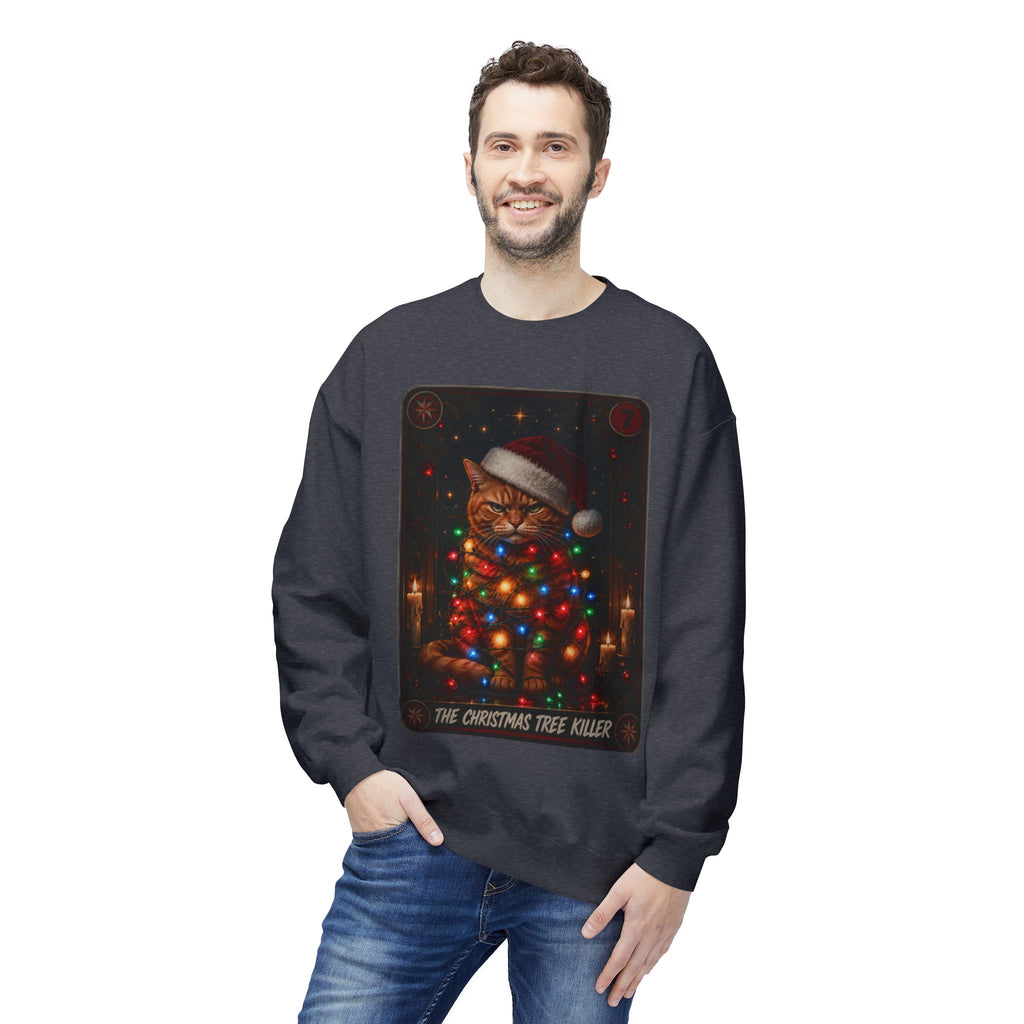 Funny Christmas Cat Crewneck Sweatshirt - "The Christmas Tree Killer" Holiday Sweater. Midnight Eye, LLC