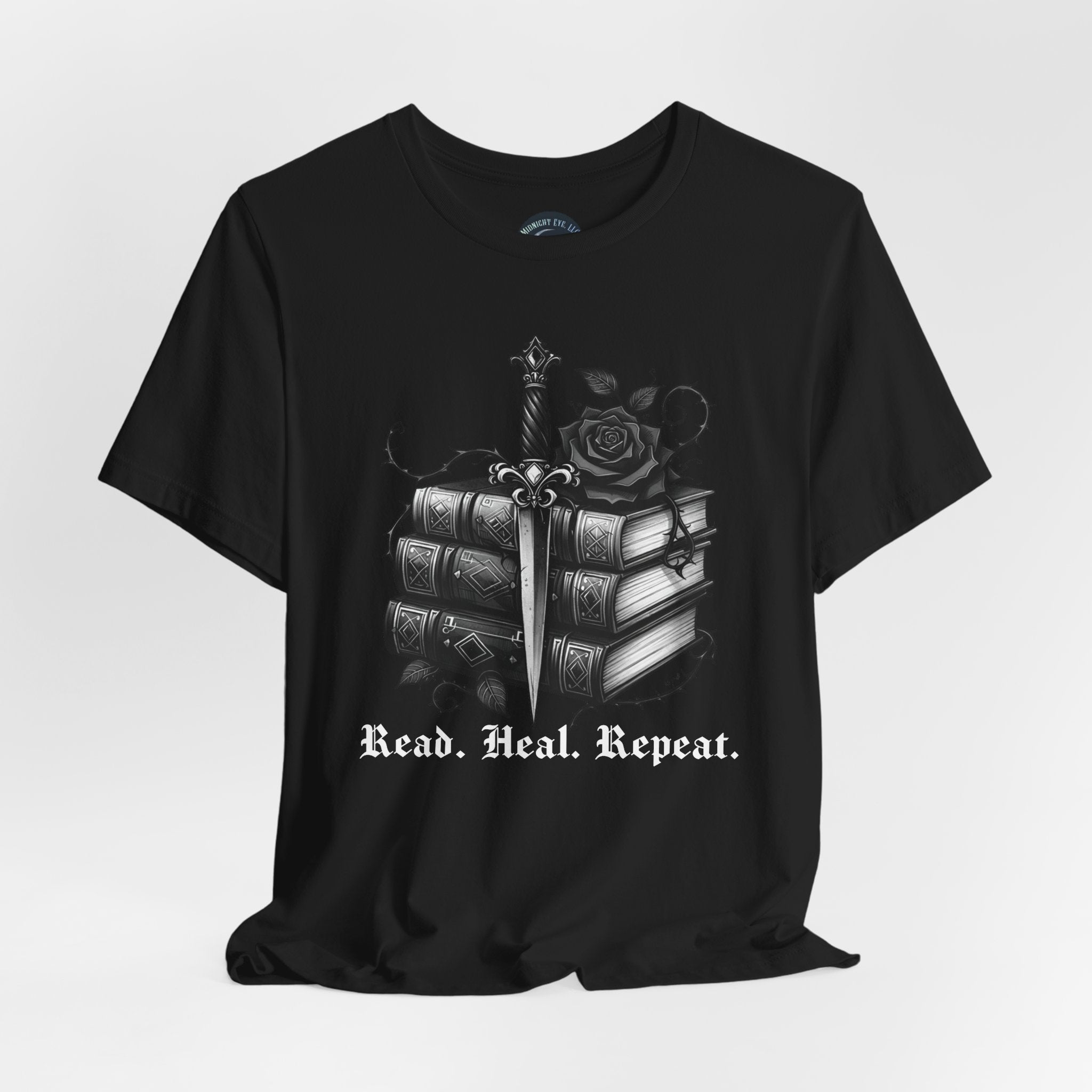 Read. Heal. Repeat. Gothic Book, Rose & Dagger T-Shirt. Books Tee. Midnight Eye, LLC.