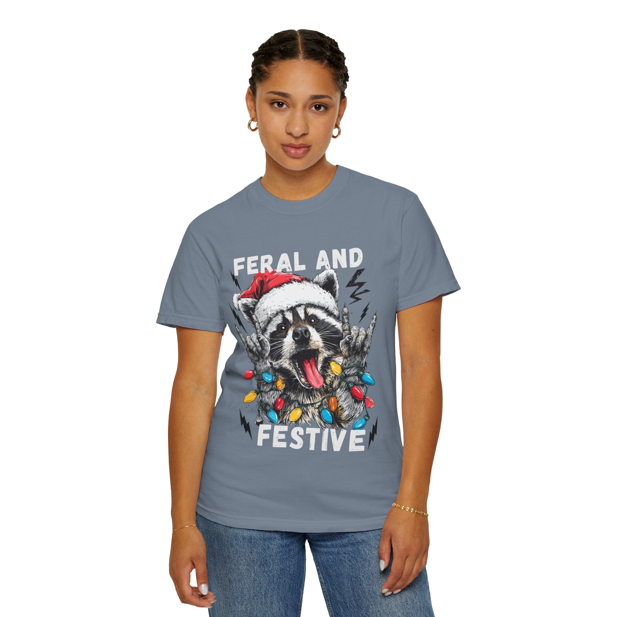 Feral and Festive Funny Raccoon Christmas T-Shirt - Racoon Graphic T-Shirt