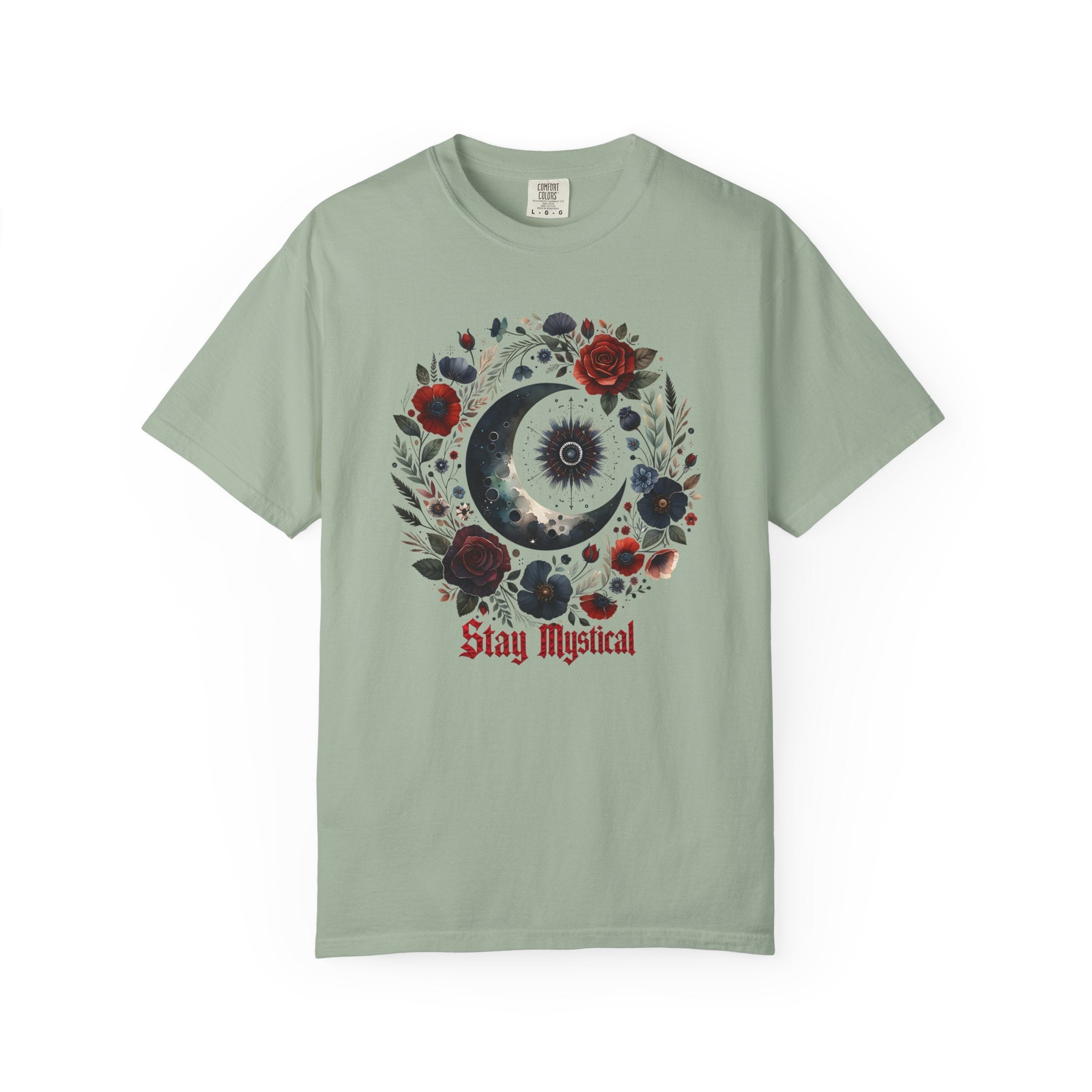 Mystical Moon T-Shirt — “Stay Mystical” Floral Crescent Tee - Dark Aesthetic T-Shirt. Midnight Eye, LLC