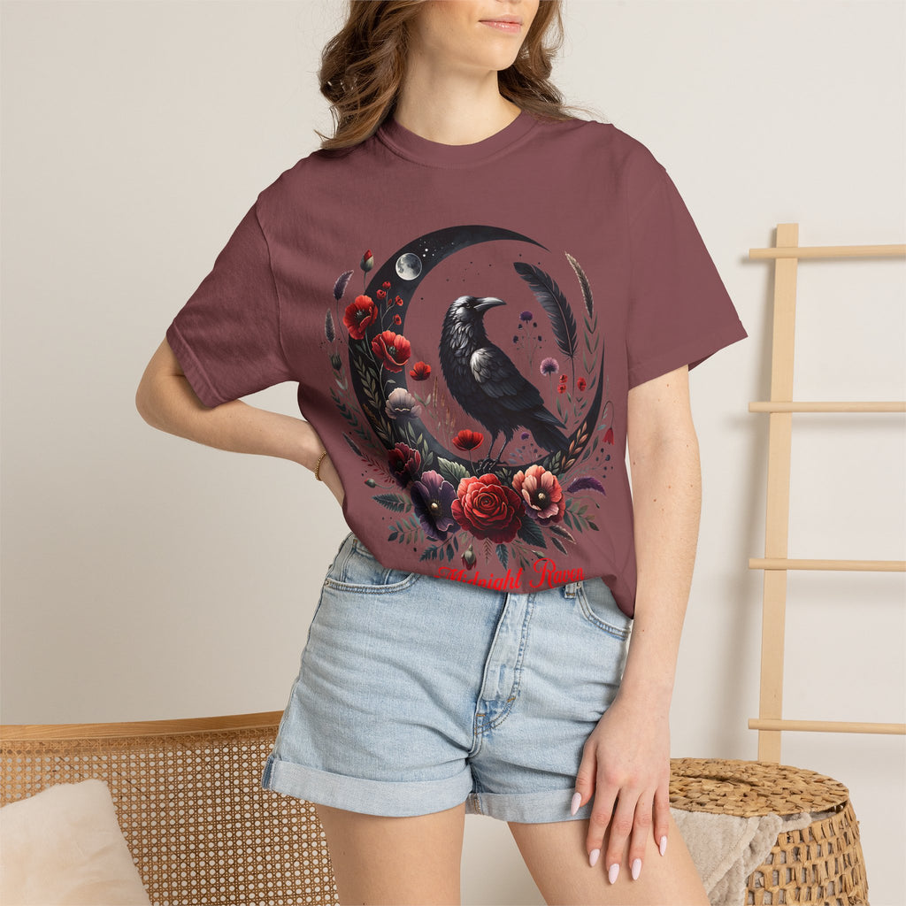 Moon Raven Floral T-Shirt — "Midnight Bloom" Graphic Tee - Mystical Moon Tee - Dark Aesthetic T-Shirt. Midnight Eye, LLC