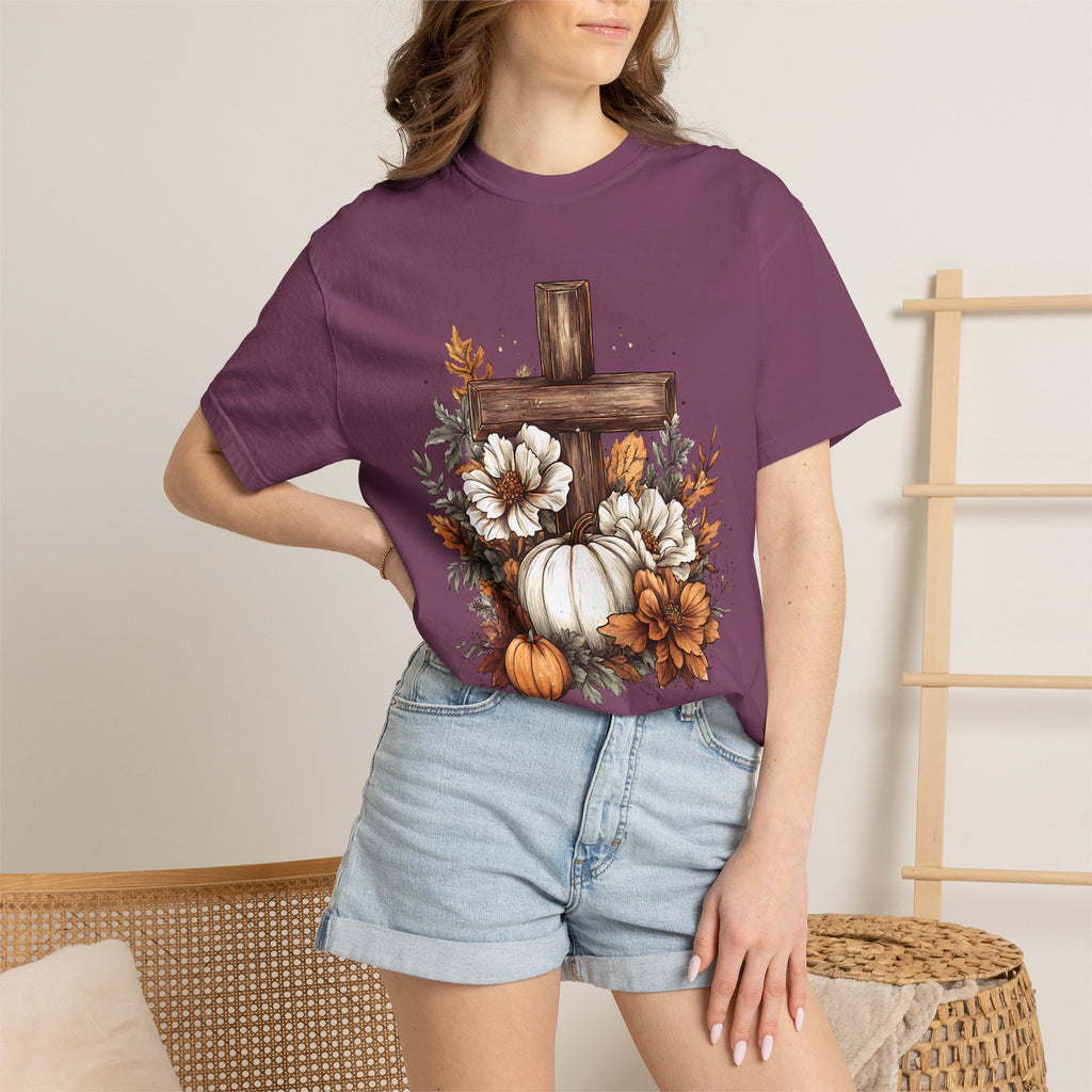 Faithful Fall Cross T-Shirt — Pumpkin & Floral Autumn Christian Tee. Midnight Eye, LLC