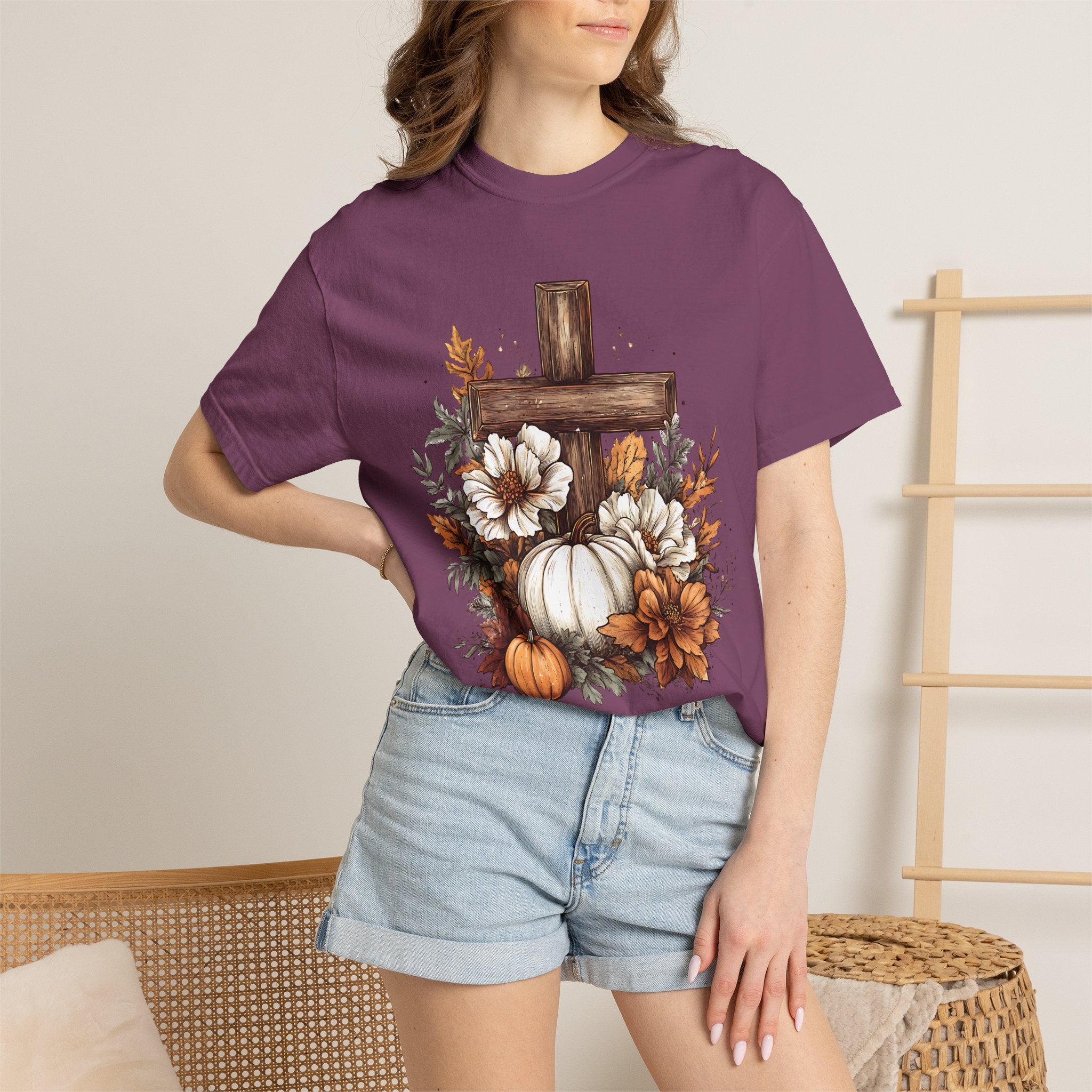 Faithful Fall Cross T-Shirt — Pumpkin & Floral Autumn Christian Tee. Midnight Eye, LLC