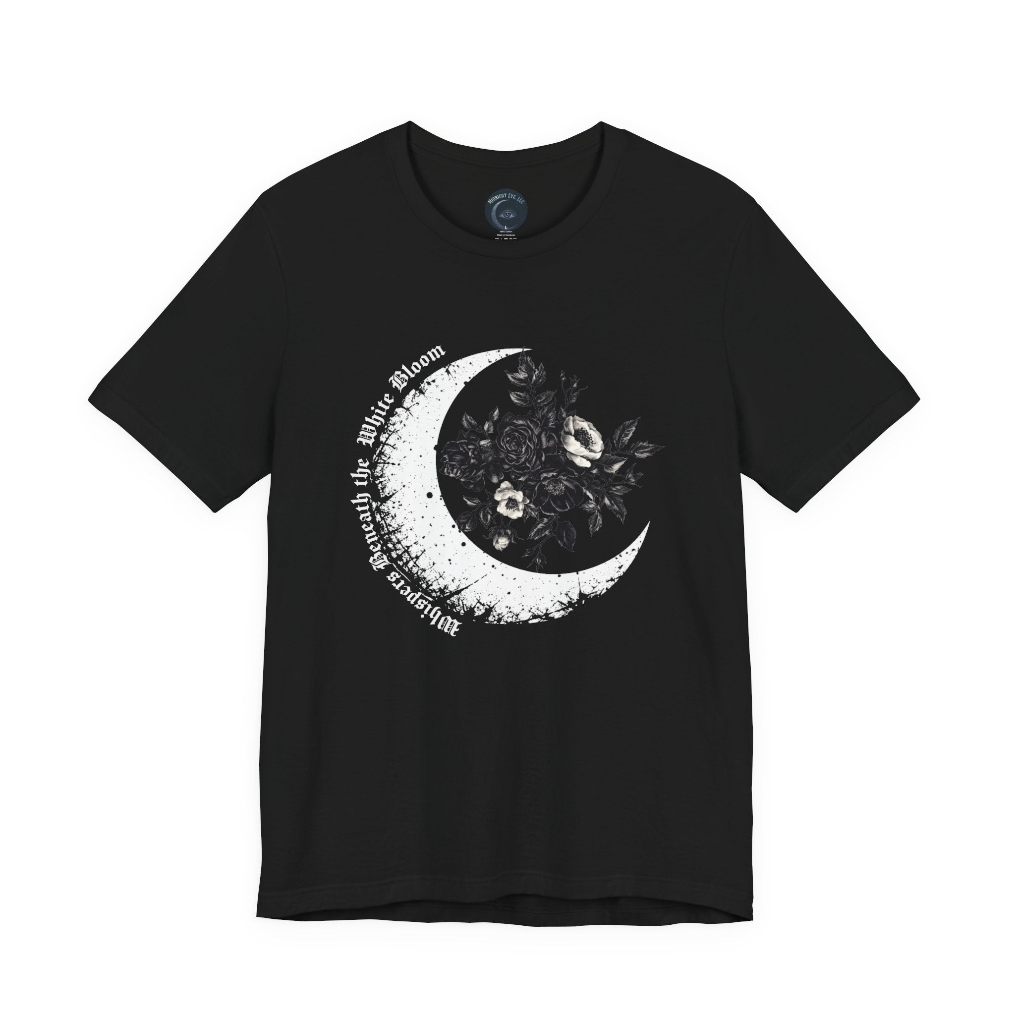 Navy blue t-shirt with a moon graphic and text on a white background
