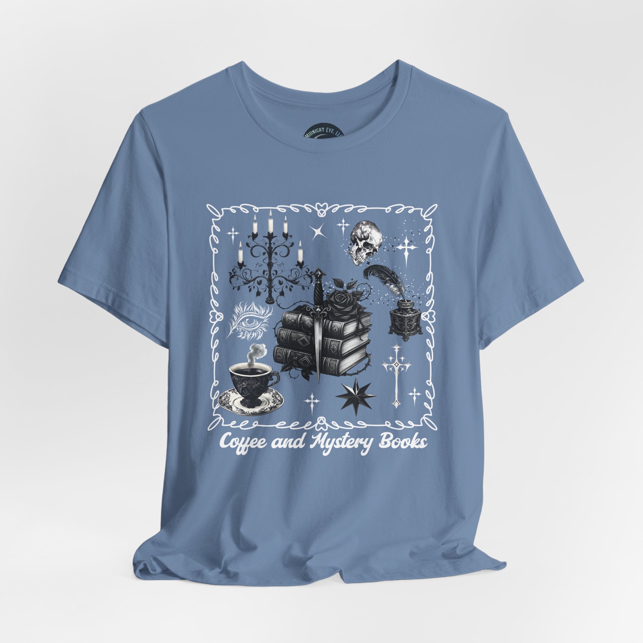 Reading, Coffee & Books T-Shirt — Cozy Gothic Booklover Tee. Midnight Eye, LLC.