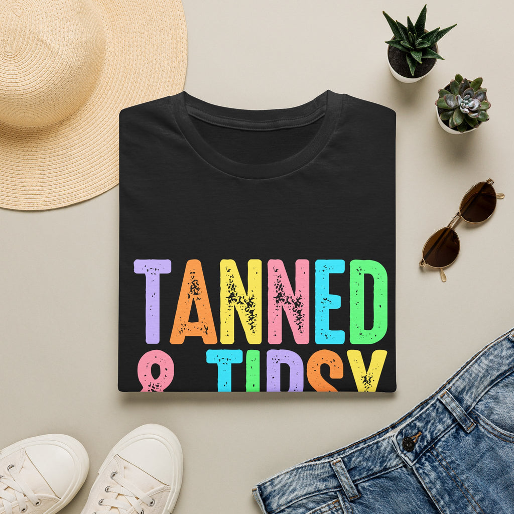 Tanned & Tipsy Beach Vacation T-Shirt - Colorful Vacation T-Shirt - Funny Summer Tee. Midnight Eye, LLC.