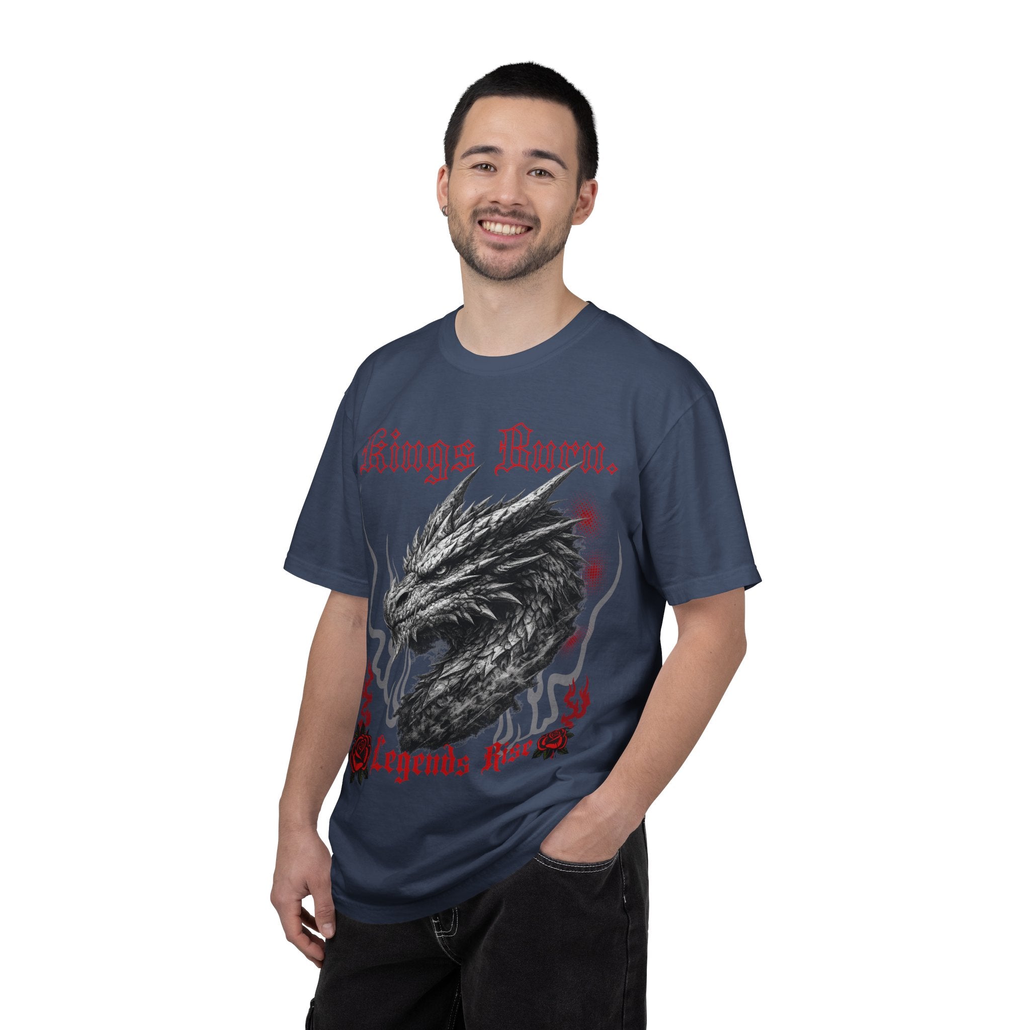 Dragon Head T-Shirt — "Kings Burn. Legends Rise." Red Rose Tattoo Graphic T-Shirt. Midnight Eye, LLC.