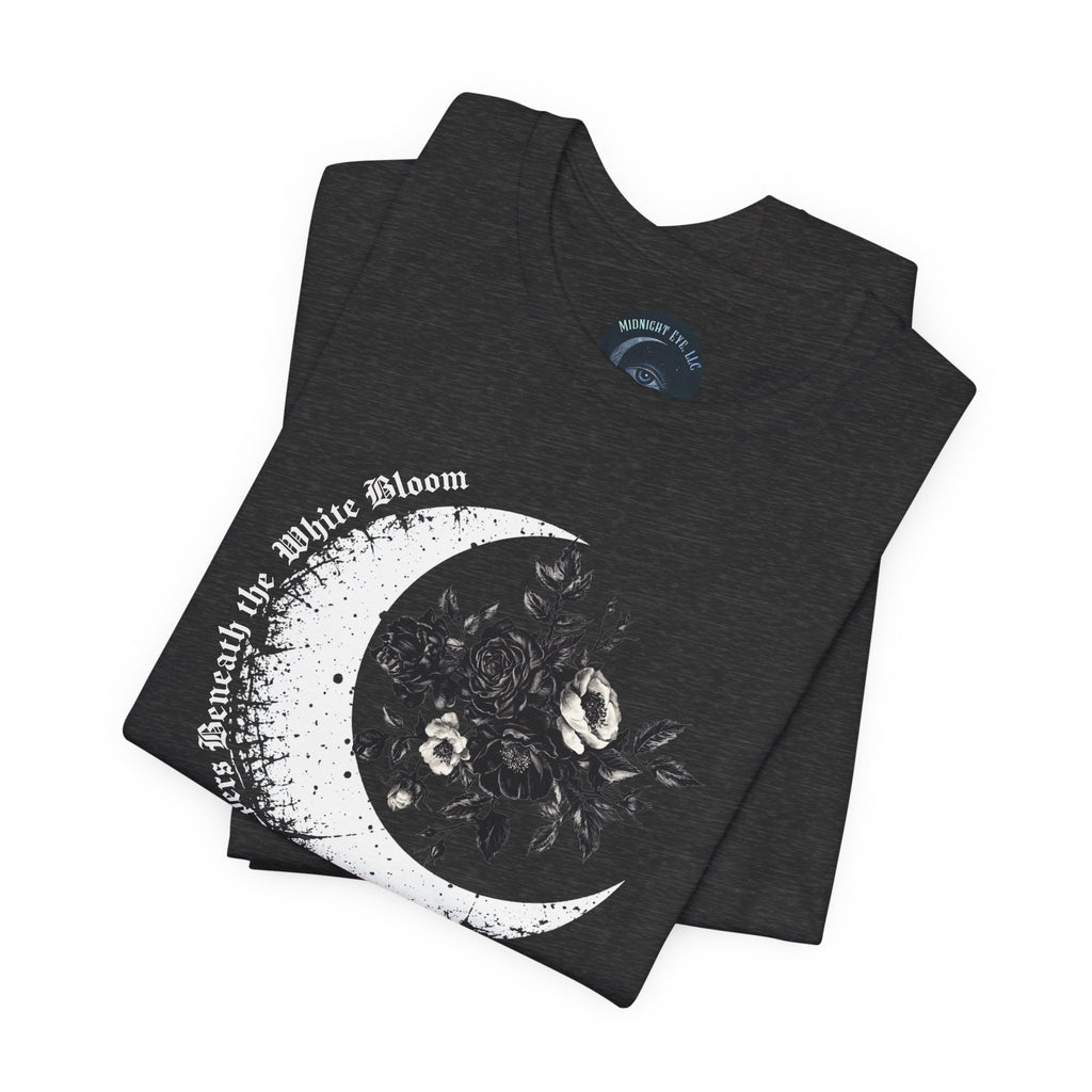 Moonflower Moon Tee — Floral Crescent Moon Graphic T-Shirt - Gothic Moon & Flowers Tee - Midnight Eye, LLC