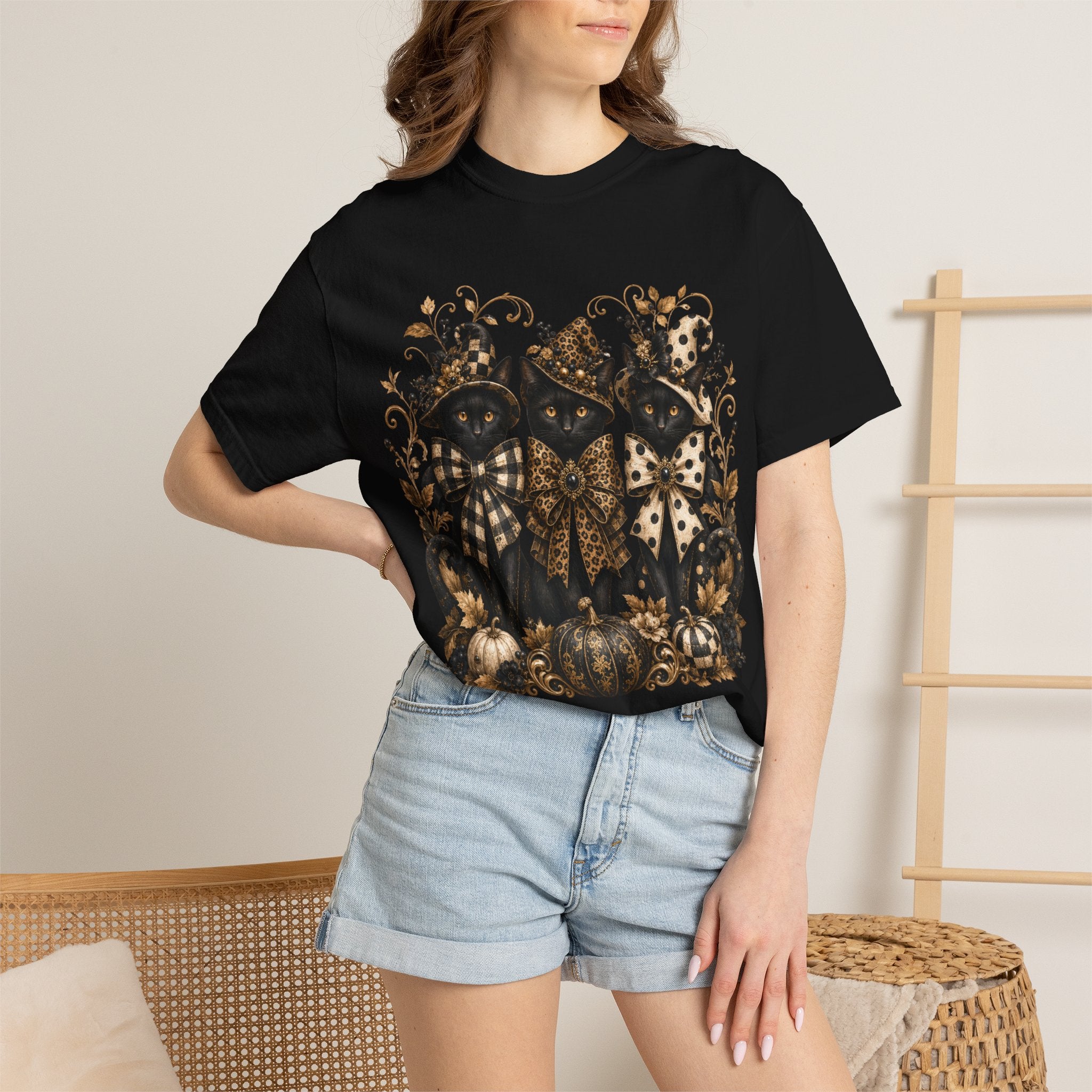 Halloween Black Cats & Pumpkins T-Shirt — Autumn Spooky Vintage Tee. Midnight Eye, LLC