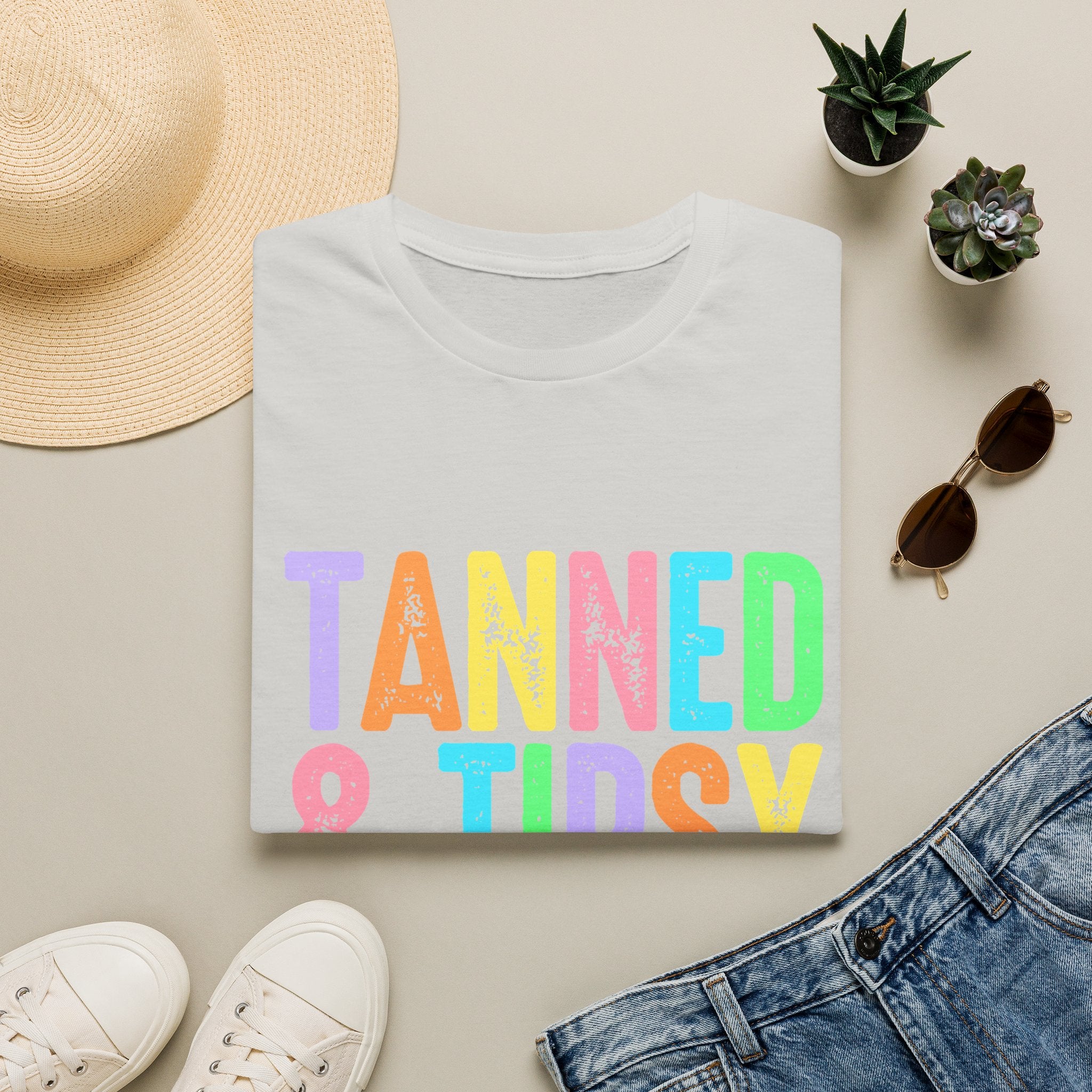 Tanned & Tipsy Beach Vacation T-Shirt - Colorful Vacation T-Shirt - Funny Summer Tee. Midnight Eye, LLC.