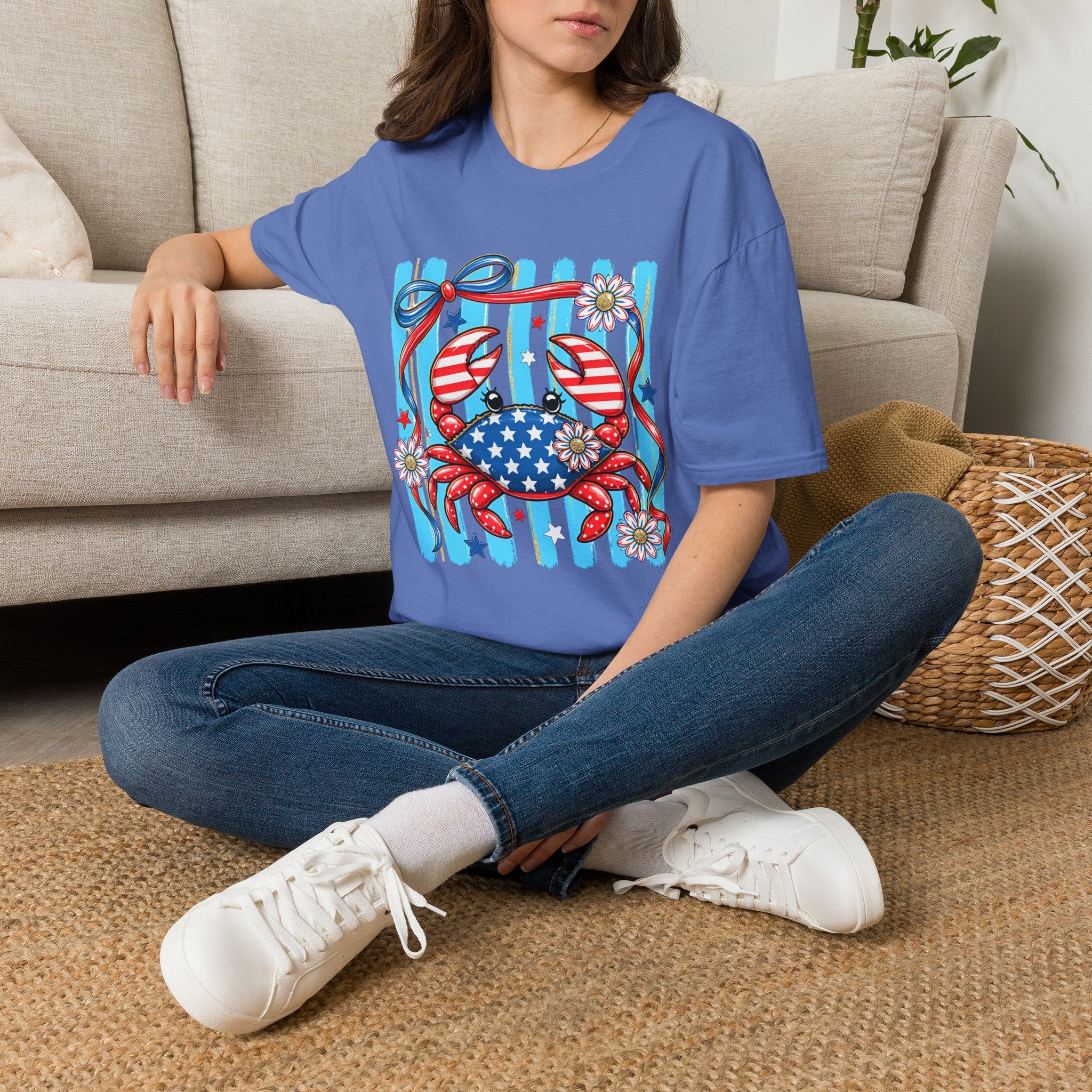 Patriotic Crab T-Shirt — American Flag Red White Blue Beach Tee Patriotic Crab T-Shirt — Preppy Cute and Funny Crab Tee. Midnight Eye, LLC.