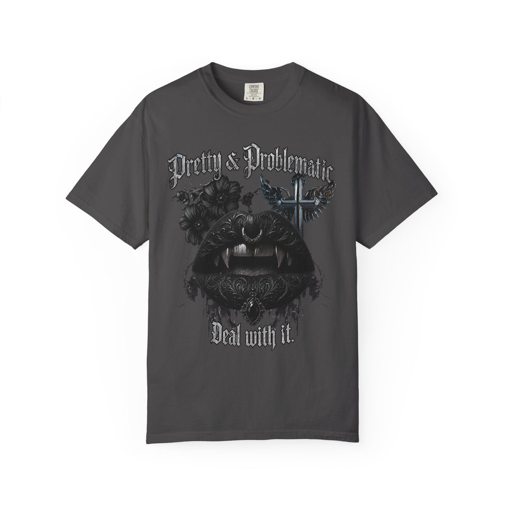Pretty & Problematic Graphic T‑Shirt — 'Deal With It' Gothic Lips and Fangs Design. Midnight Eye, LLC