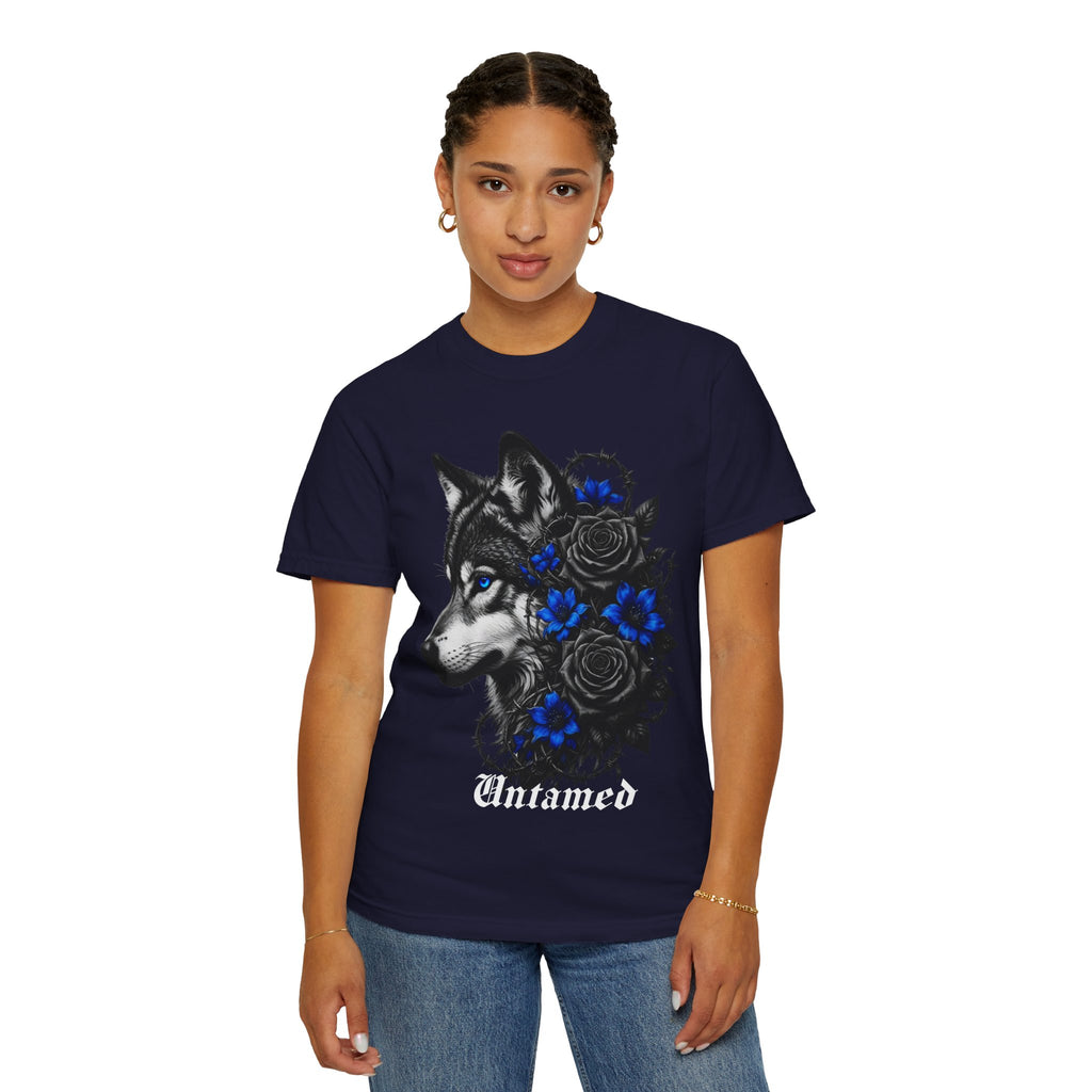 Wolf Floral T-Shirt — "Untamed" Graphic Tee with Blue & Black Roses