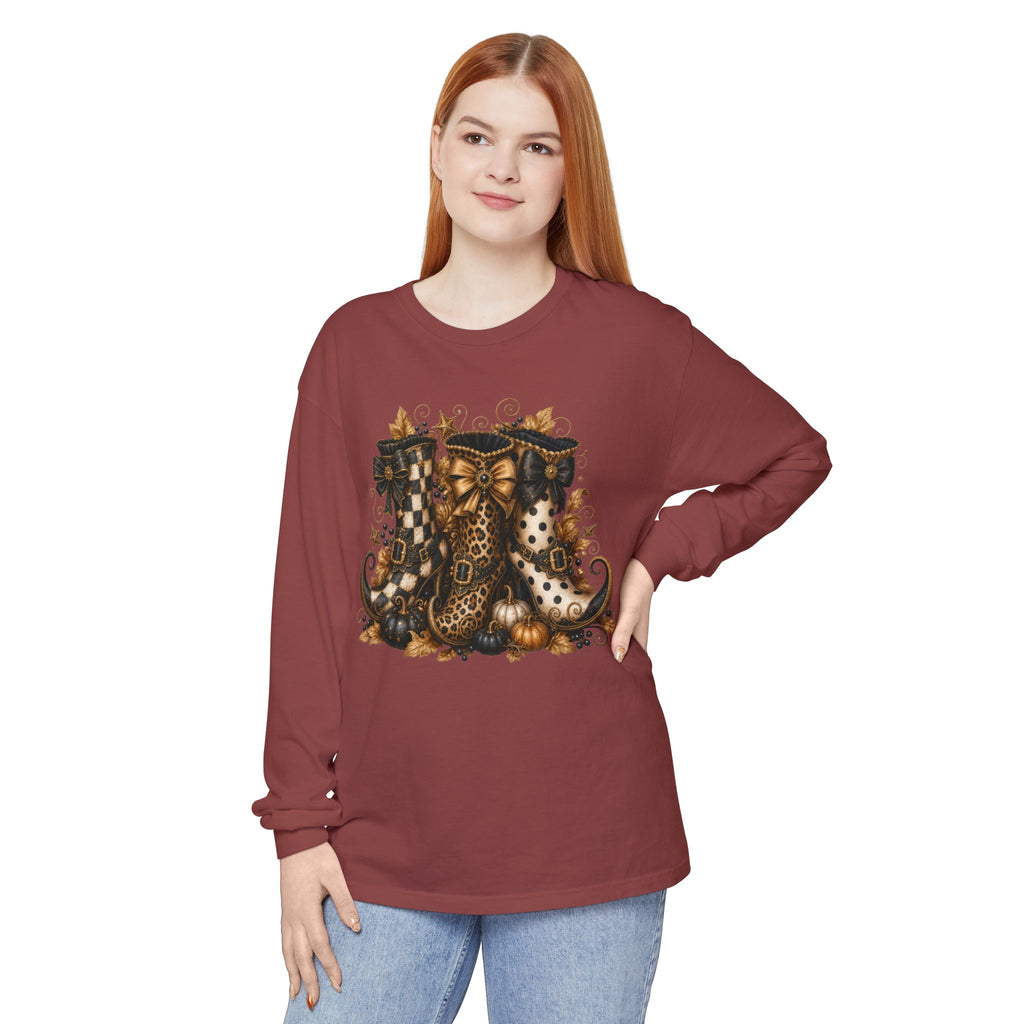 Halloween Witch Boots Long Sleeve T-Shirt — Vintage Spooky Pumpkin & Bows. Midnight Eye, LLC