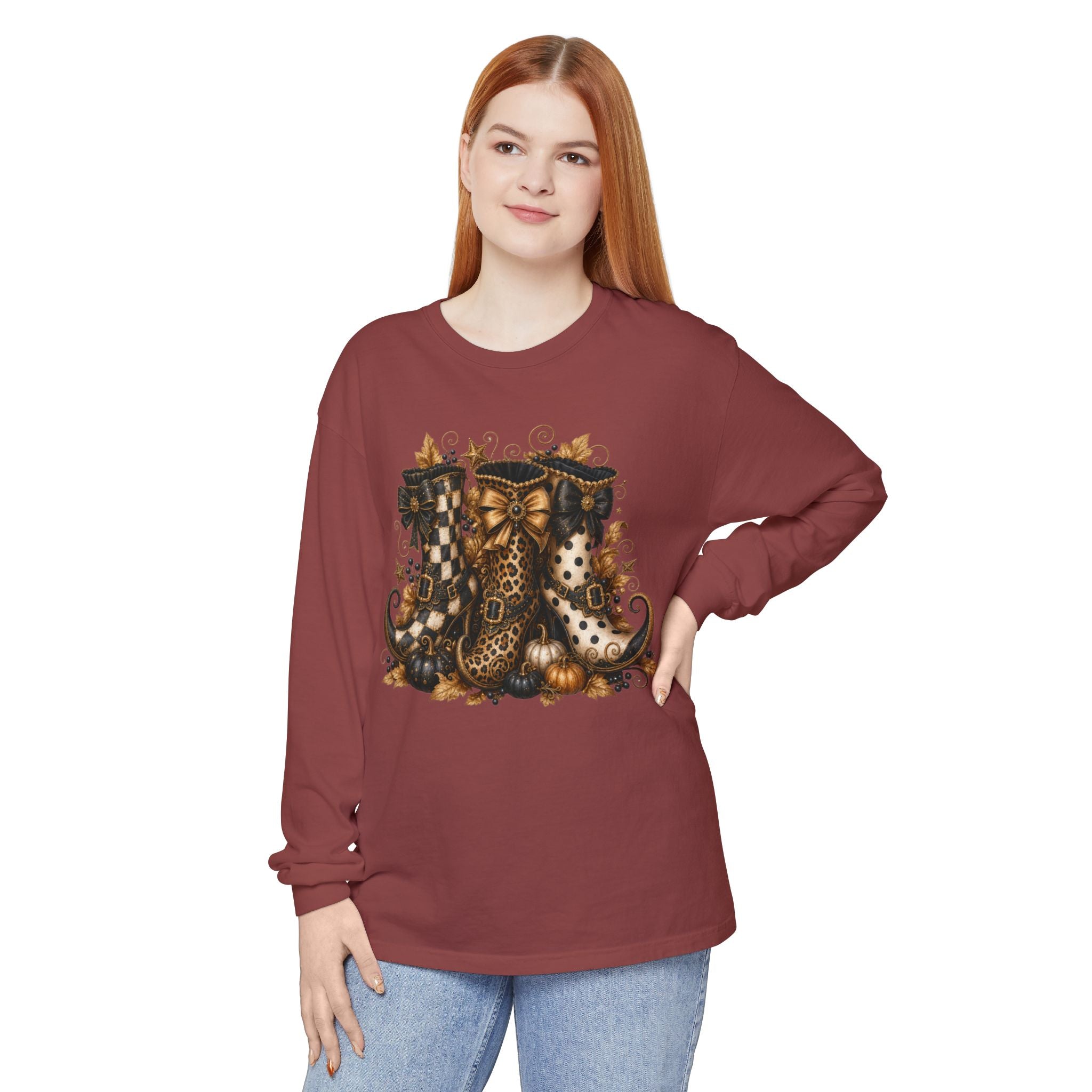 Halloween Witch Boots Long Sleeve T-Shirt — Vintage Spooky Pumpkin & Bows. Midnight Eye, LLC
