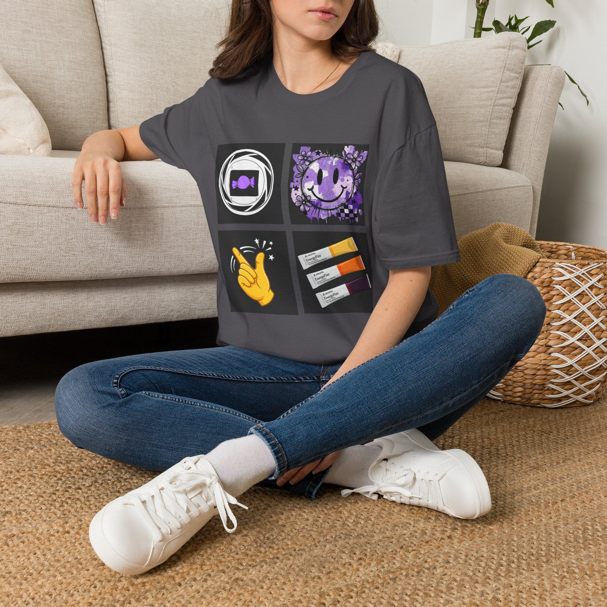 Women's Tee — Retro Purple Icons: Smiley, Peace Sign & Cassette Graphic - Midnight Eye, LLC
