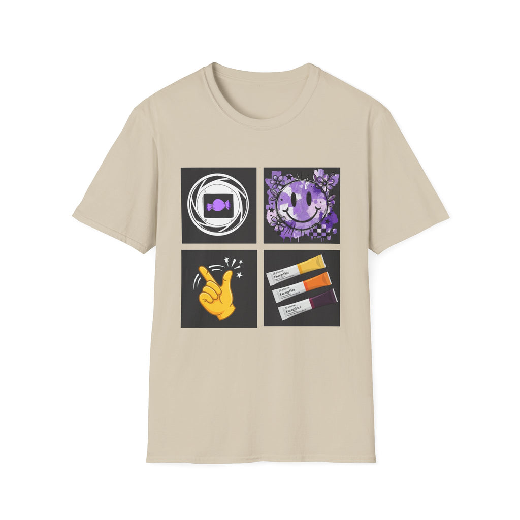Women's Tee — Retro Purple Icons: Smiley, Peace Sign & Cassette Graphic - Midnight Eye, LLC