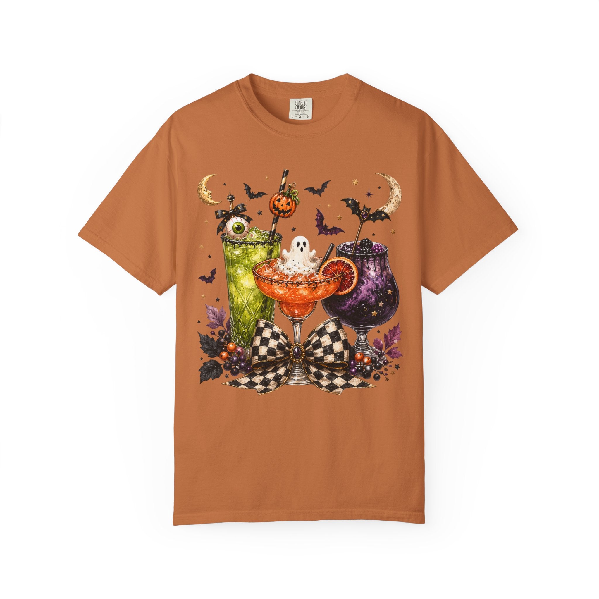 Halloween Cocktail T-Shirt — Spooky Drinks, Cute Bats & Pumpkins. Midnight Eye, LLC