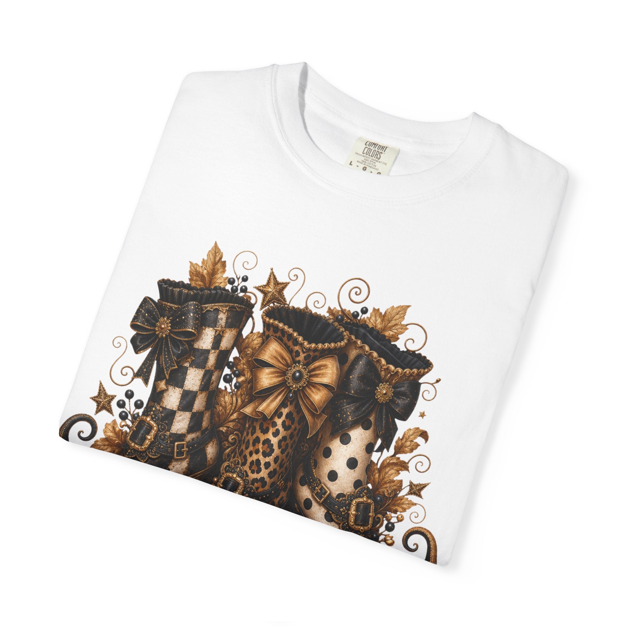 Halloween Cat Bow T-Shirt — Autumn Pumpkin & Checkered Witch Boots Graphic Tee
