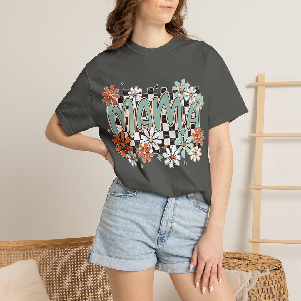 Mama Floral Graphic T-Shirt — Retro Checkerboard Mom Tee. Midnight Eye, LLC