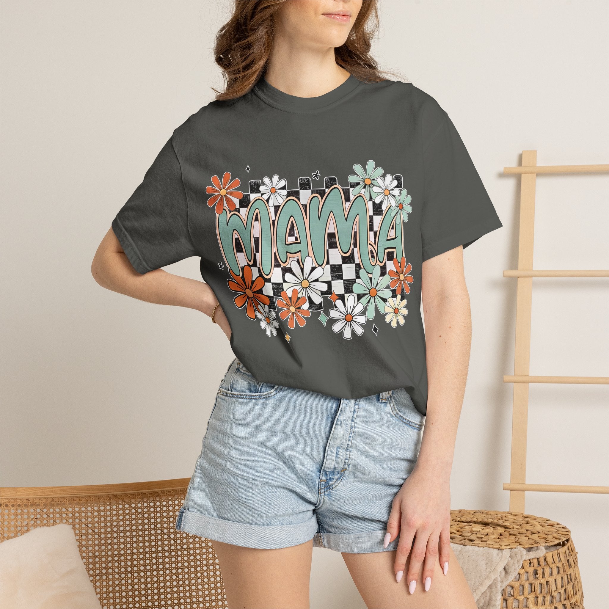 Mama Floral Graphic T-Shirt — Retro Checkerboard Mom Tee. Midnight Eye, LLC