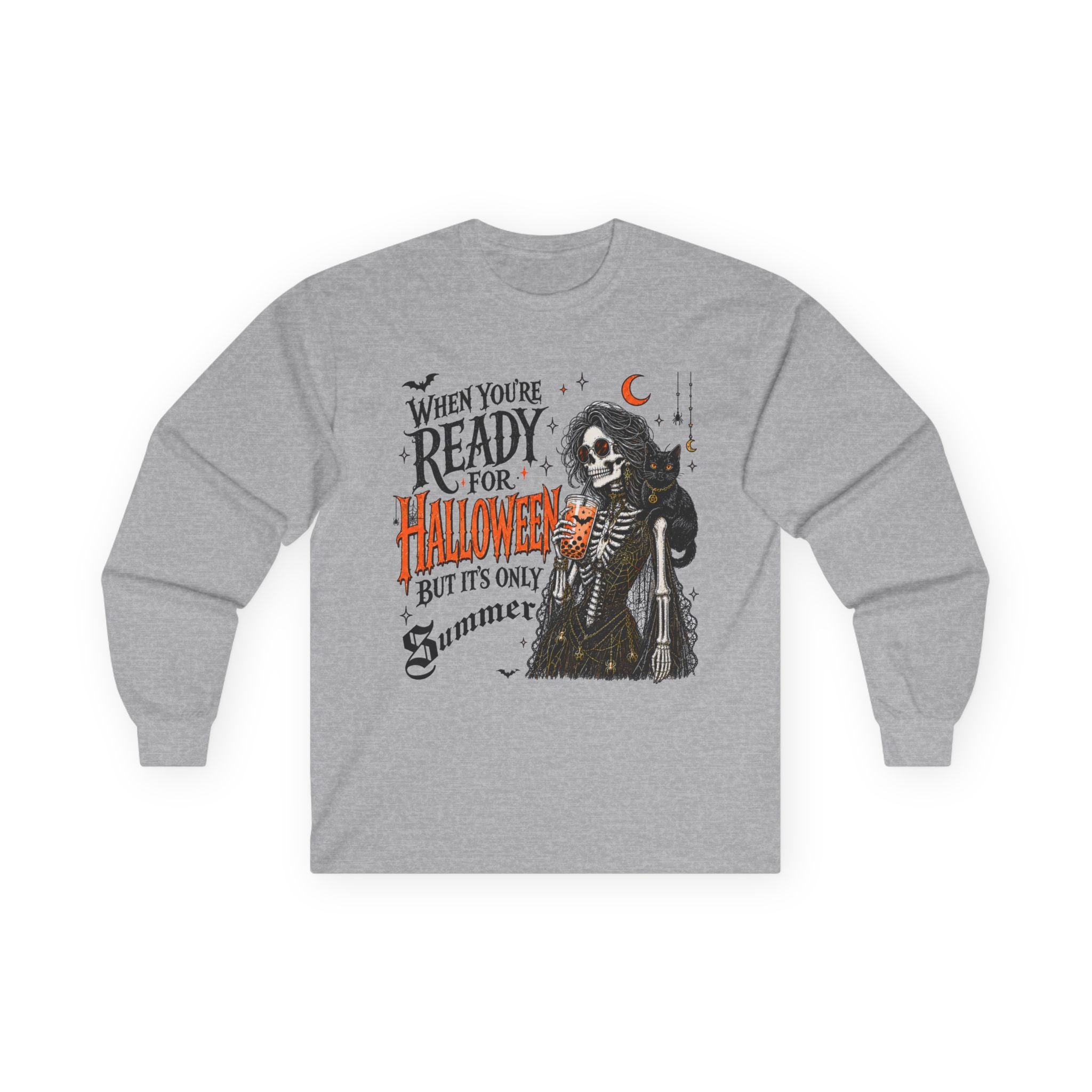 Halloween Skeleton Long Sleeve Tee – "When You're Ready for Halloween But It's Only Summer". Midnight Eye, LLC