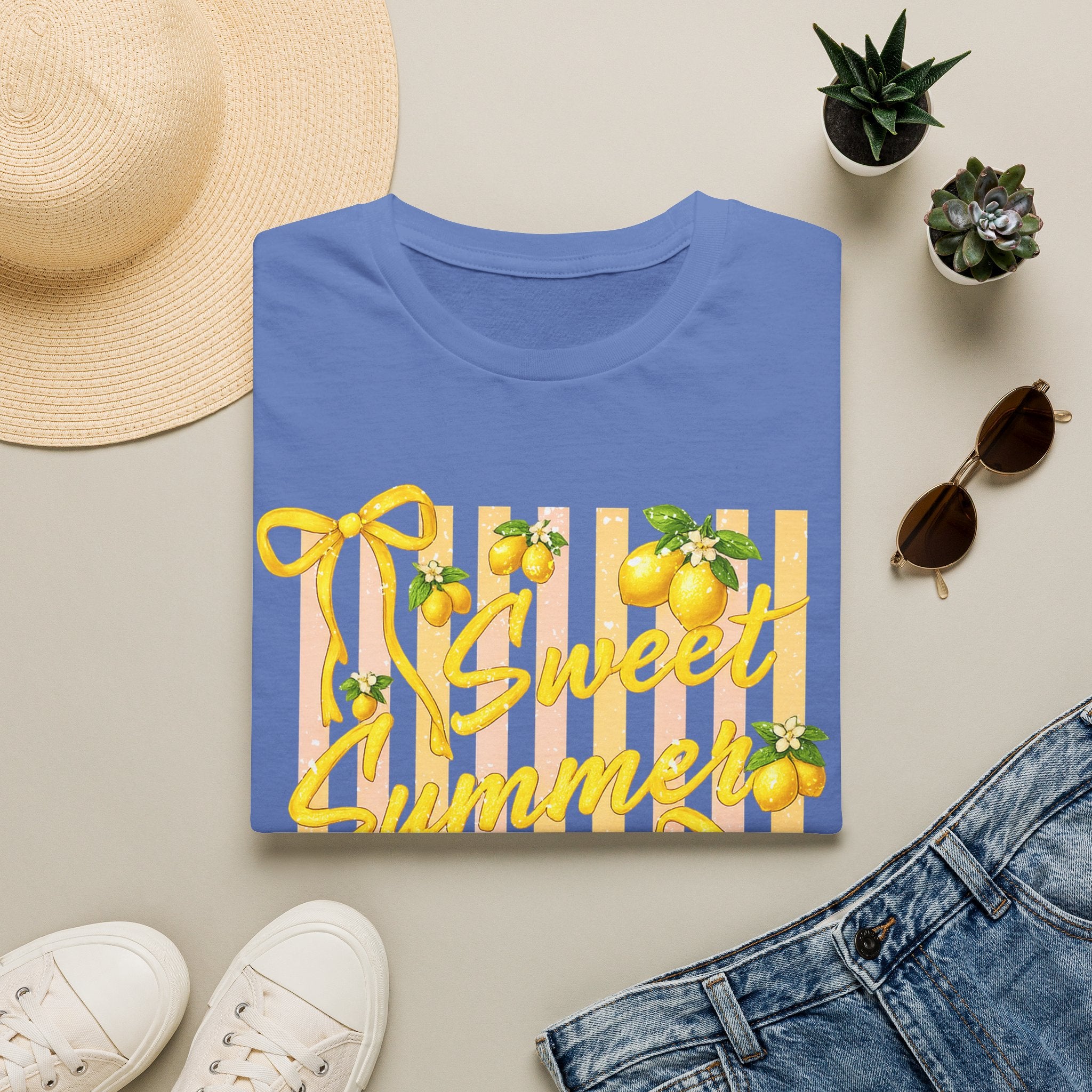 Sweet Summer Lemon Striped T-Shirt - Cute Bows Colorful Summer T-Shirt. Midnight Eye, LLC
