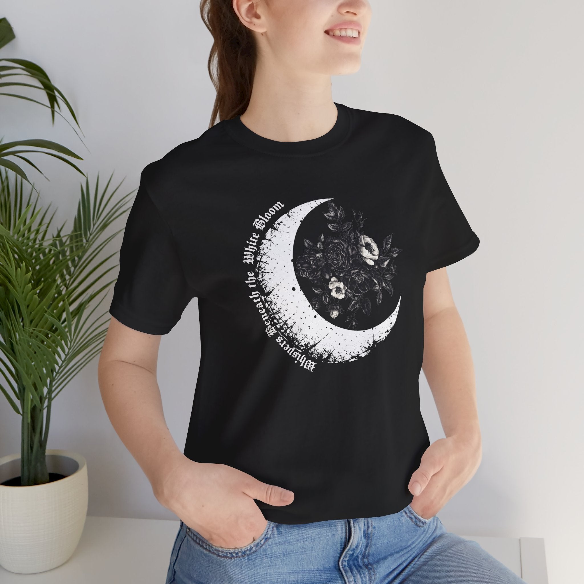 Moonflower Moon Tee — Floral Crescent Moon Graphic T-Shirt - Gothic Moon & Flowers Tee. Midnight Eye, LLC