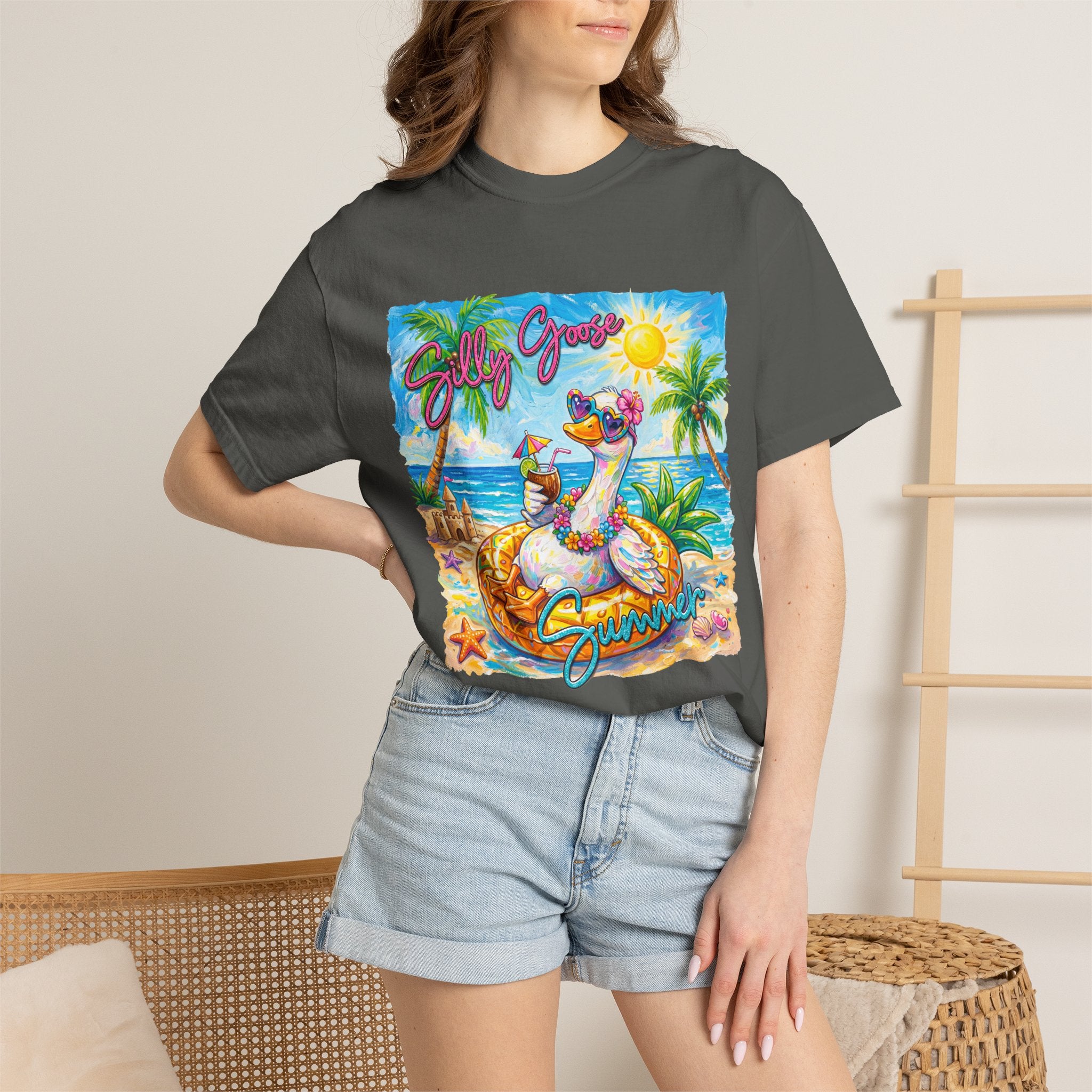 Silly Goose Summer T-Shirt - Colorful Summer Girl Tee - Beach Tee - Tropical T-Shirt, Midnight Eye, LLC