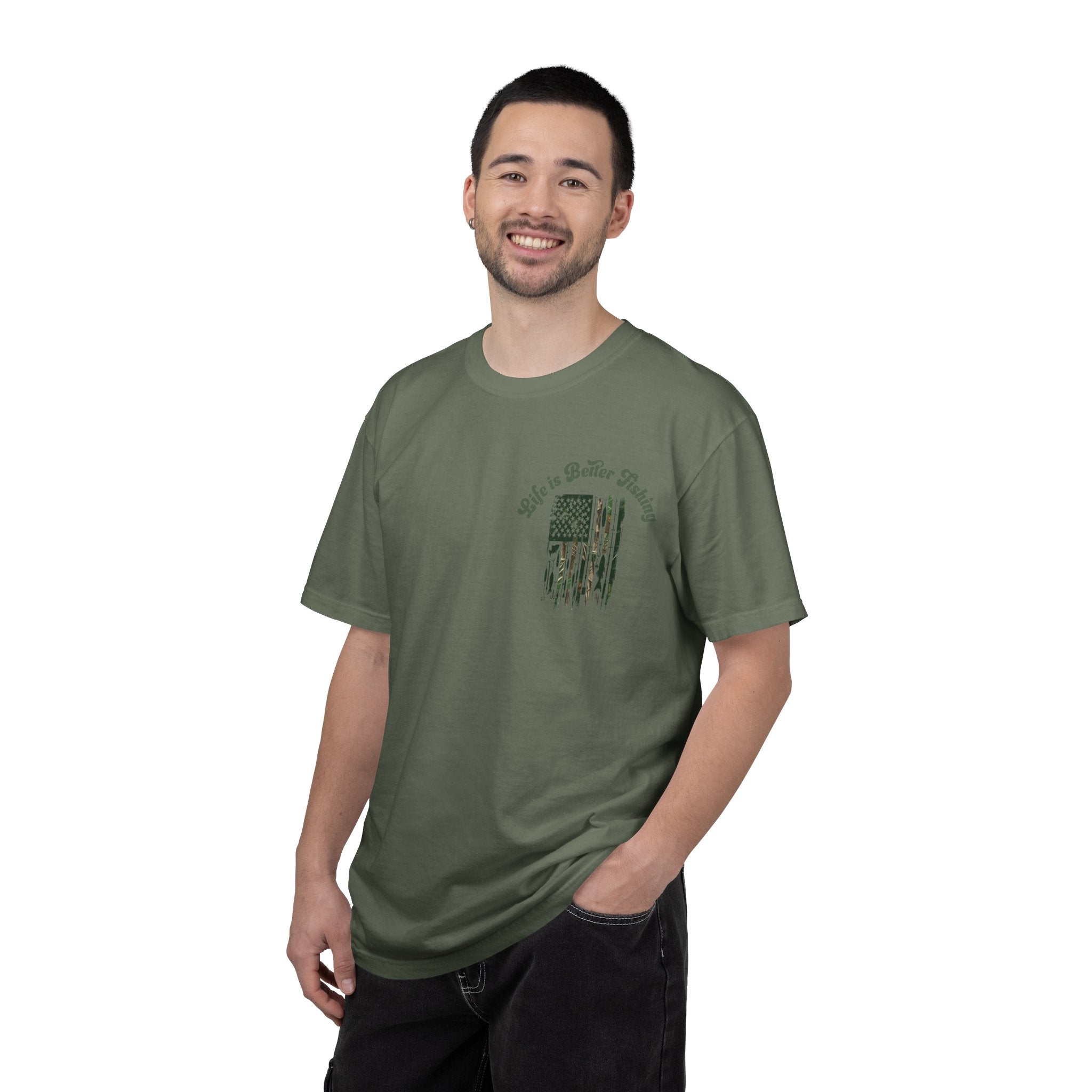 Fishing Flag T-Shirt — "Life is Better Fishing" Graphic Tee - Patriotic Tee - Father's Day T-Shirt - Midnight Eye, LLC