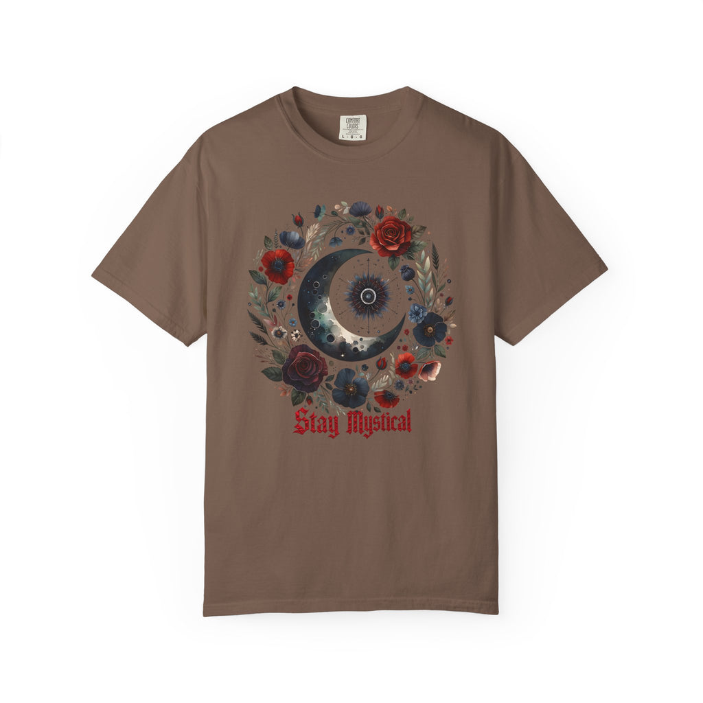Mystical Moon T-Shirt — “Stay Mystical” Floral Crescent Tee - Dark Aesthetic T-Shirt. Midnight Eye, LLC.