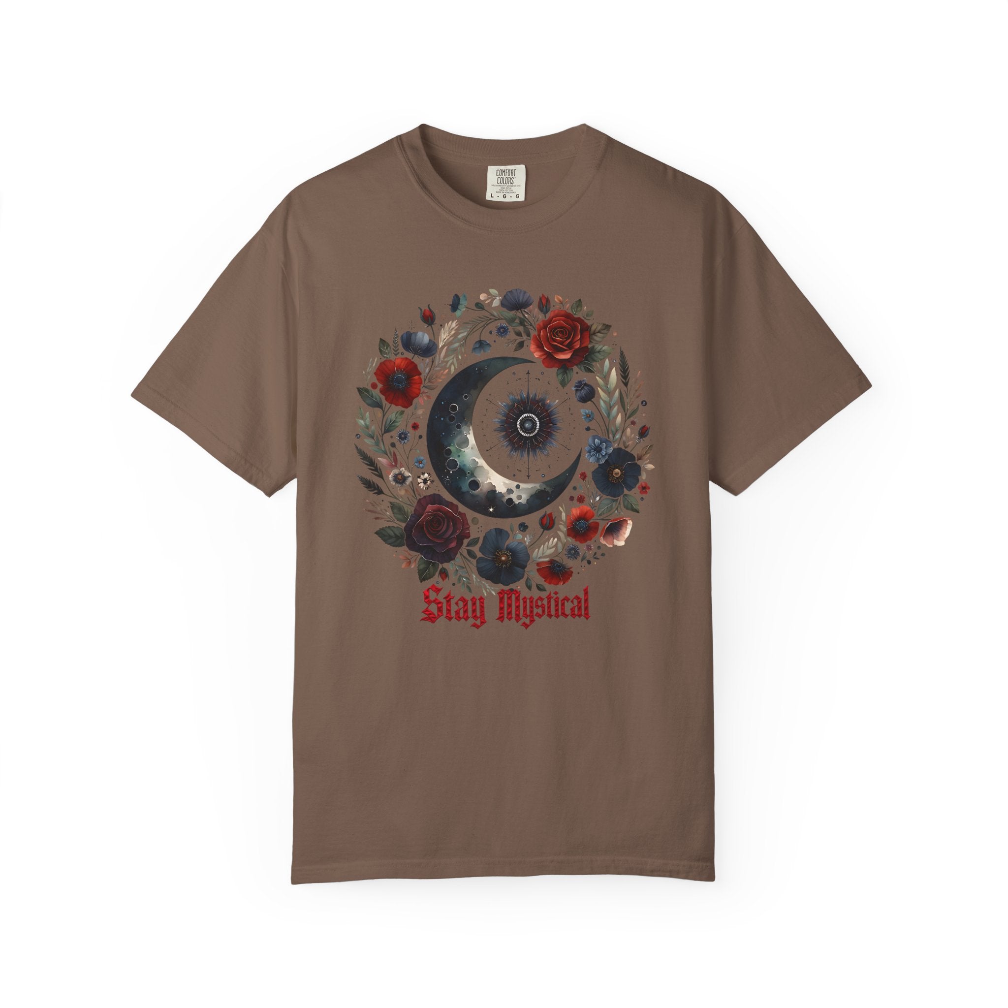 Mystical Moon T-Shirt — “Stay Mystical” Floral Crescent Tee - Dark Aesthetic T-Shirt. Midnight Eye, LLC.