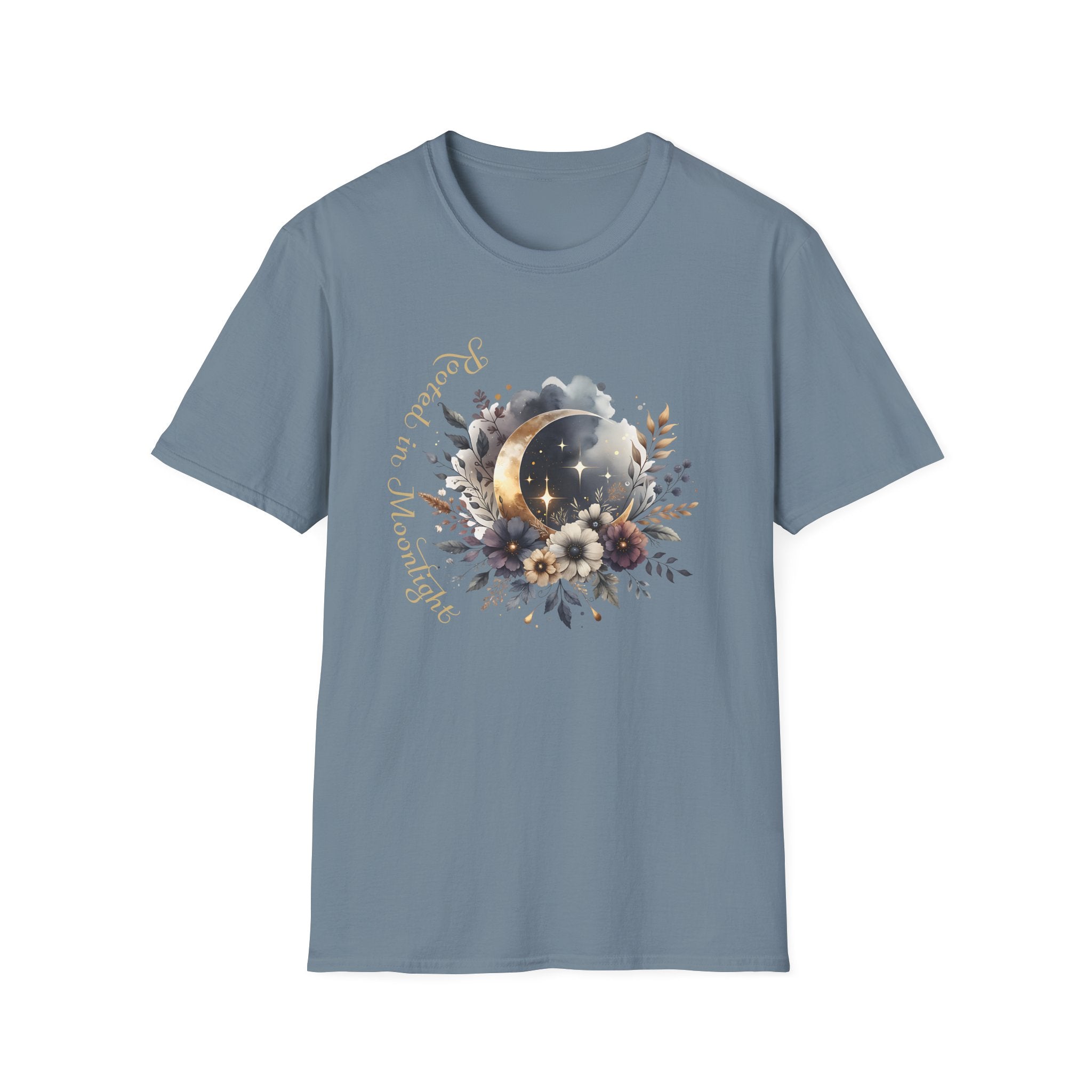 Moonlight Floral T-Shirt — 'Rooted in Moonlight' Celestial Floral Graphic Tee - Mystical Tee - Midnight Eye, LLC