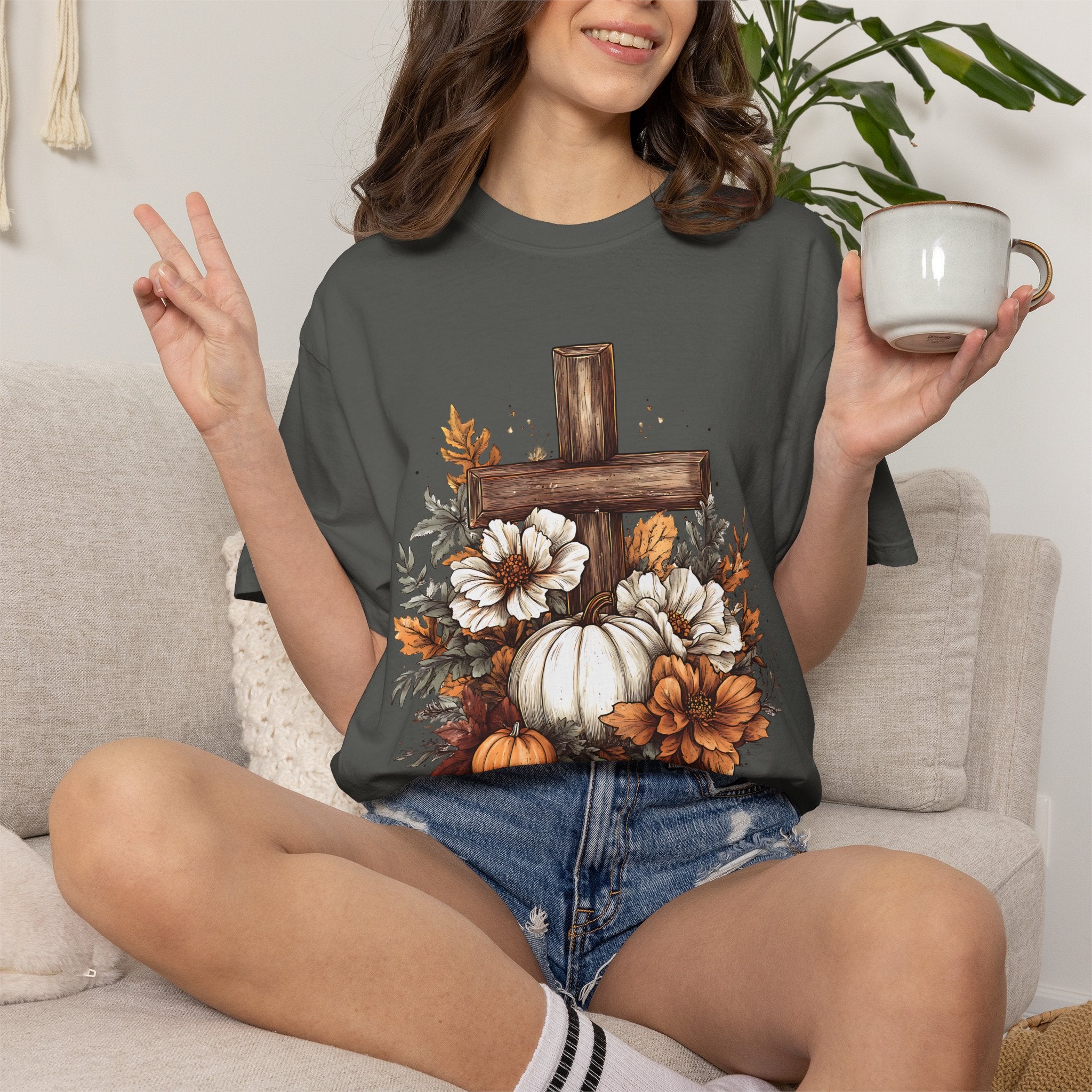 Faithful Fall Cross T-Shirt — Pumpkin & Floral Autumn Christian Tee. Midnight Eye, LLC