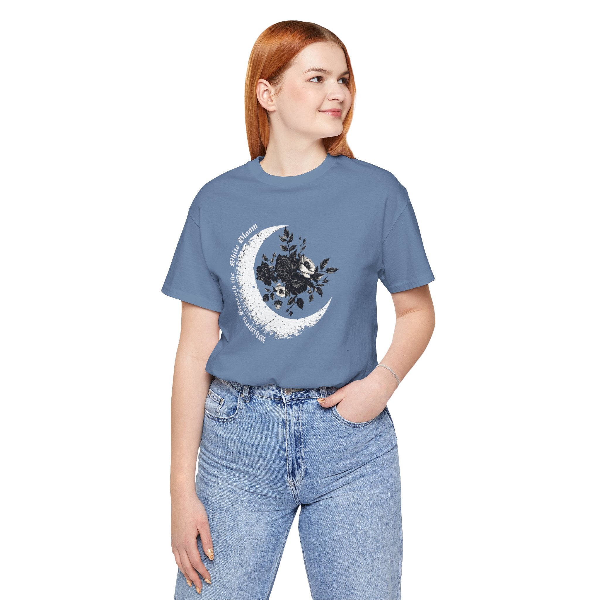 Moonflower Moon Tee — Floral Crescent Moon Graphic T-Shirt - Gothic Moon & Flowers Tee. Midnight Eye, LLC