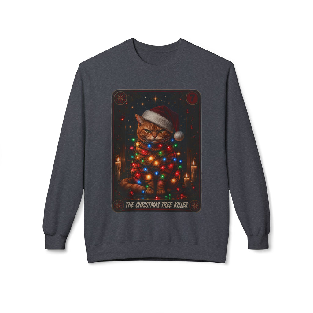 Funny Christmas Cat Crewneck Sweatshirt - "The Christmas Tree Killer" Holiday Sweater. Midnight Eye, LLC