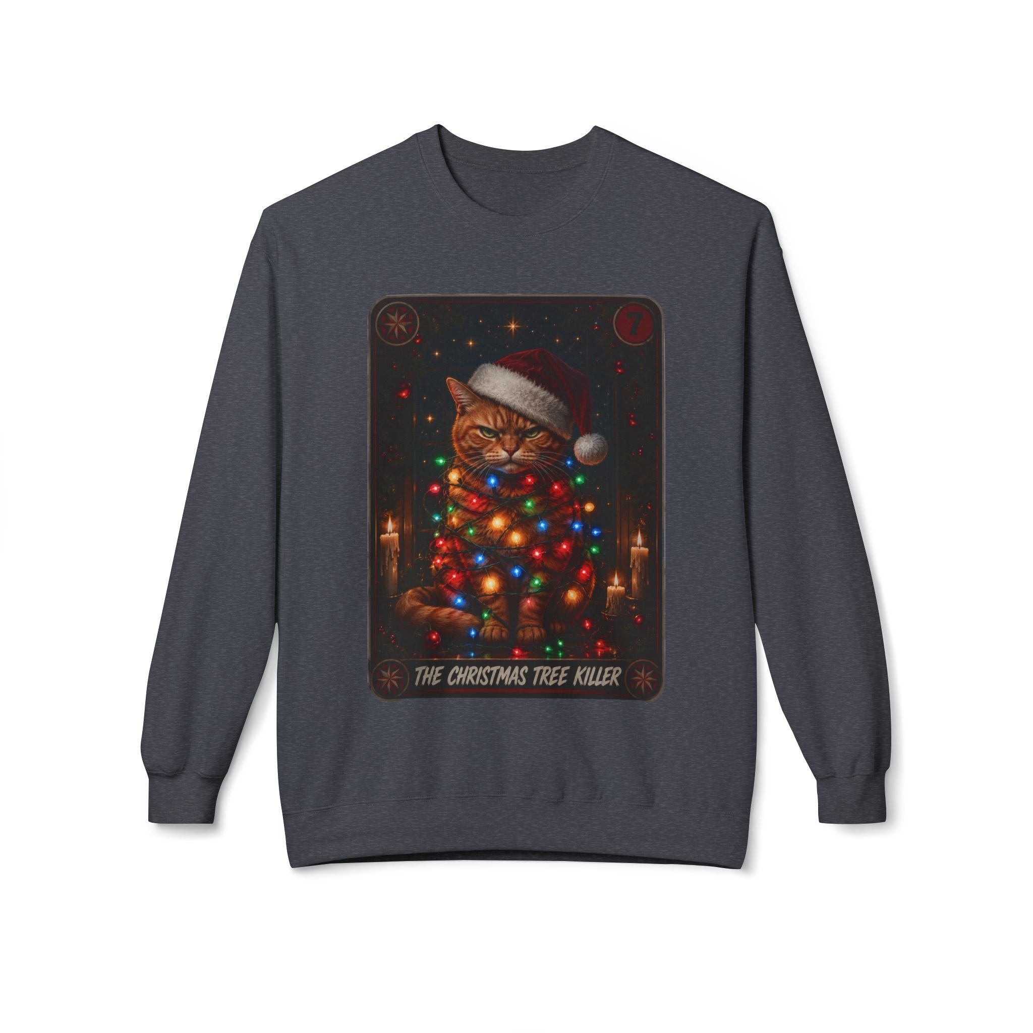 Funny Christmas Cat Crewneck Sweatshirt - "The Christmas Tree Killer" Holiday Sweater. Midnight Eye, LLC