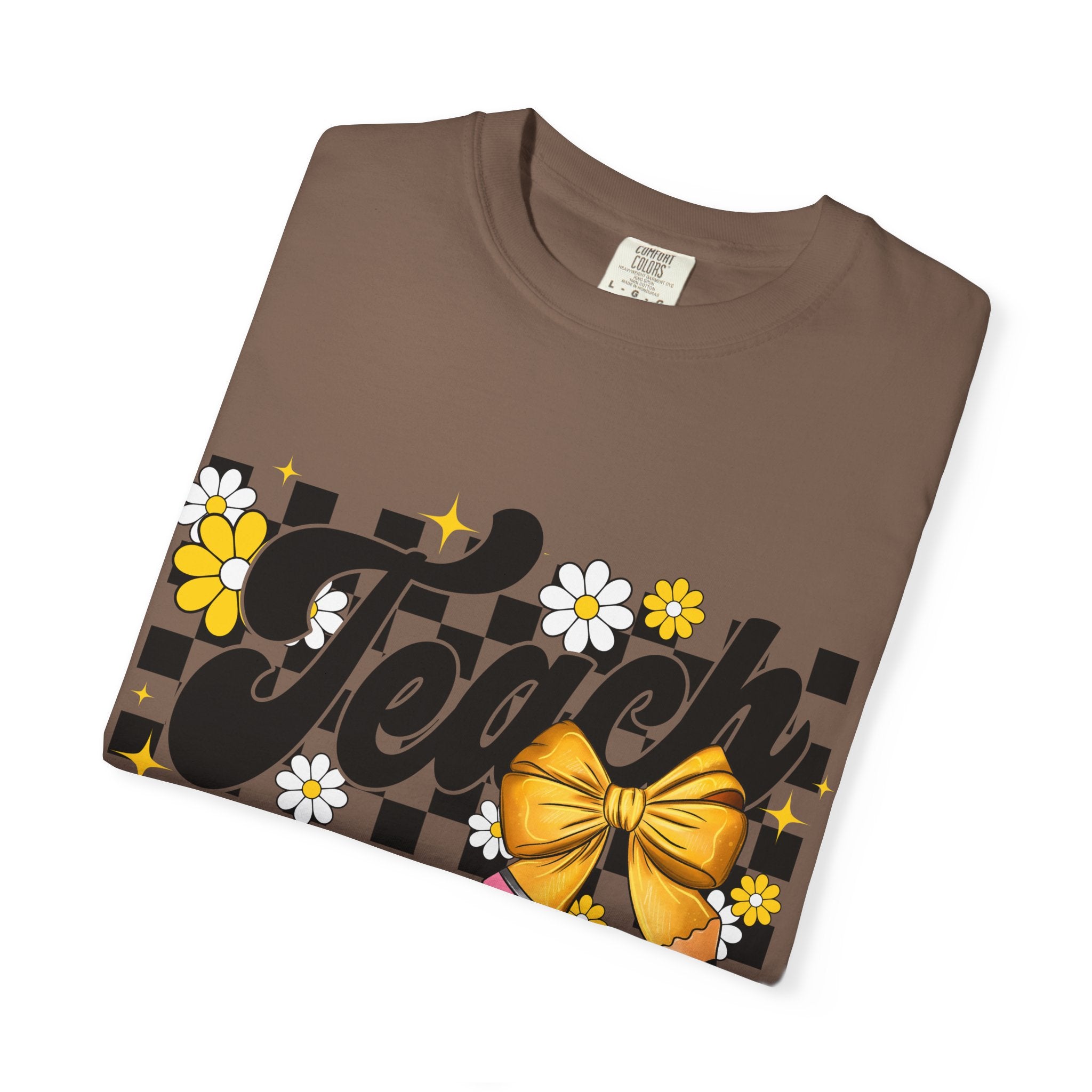 Teacher Floral Bow T-Shirt — 'Teach' Checkerboard Design