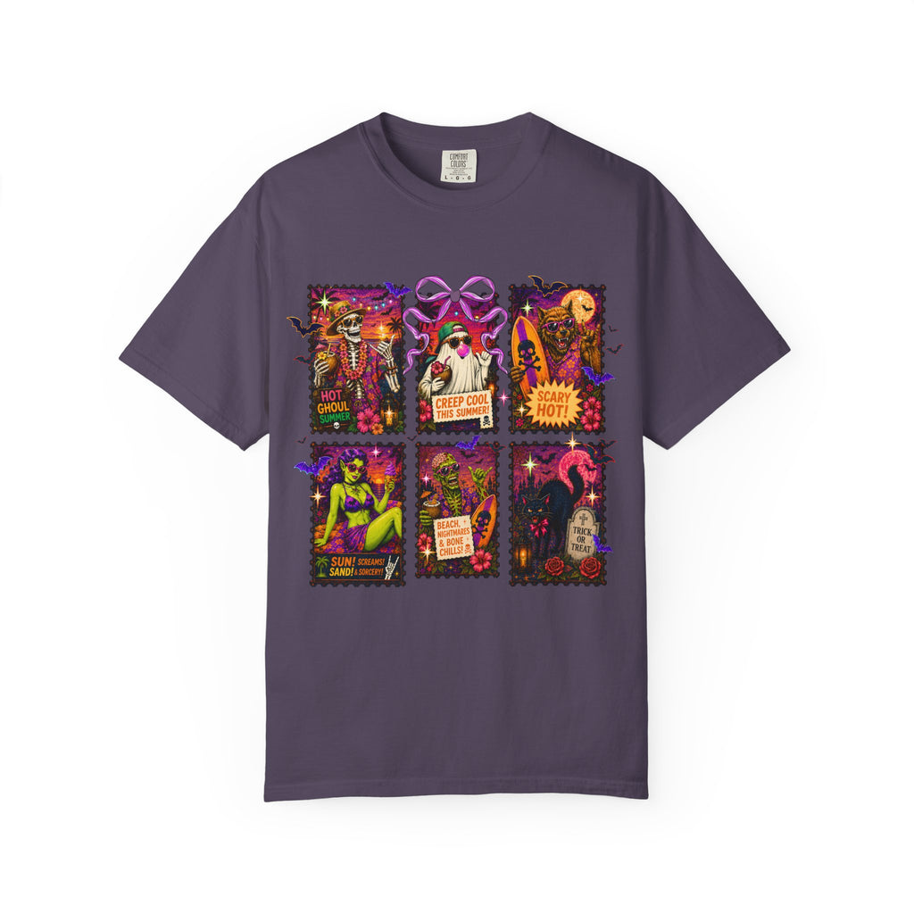 Halloween Witch Postage Stamp T-Shirt — Vintage Spooky Pin-Up Graphic Tee. Midnight Eye, LLC