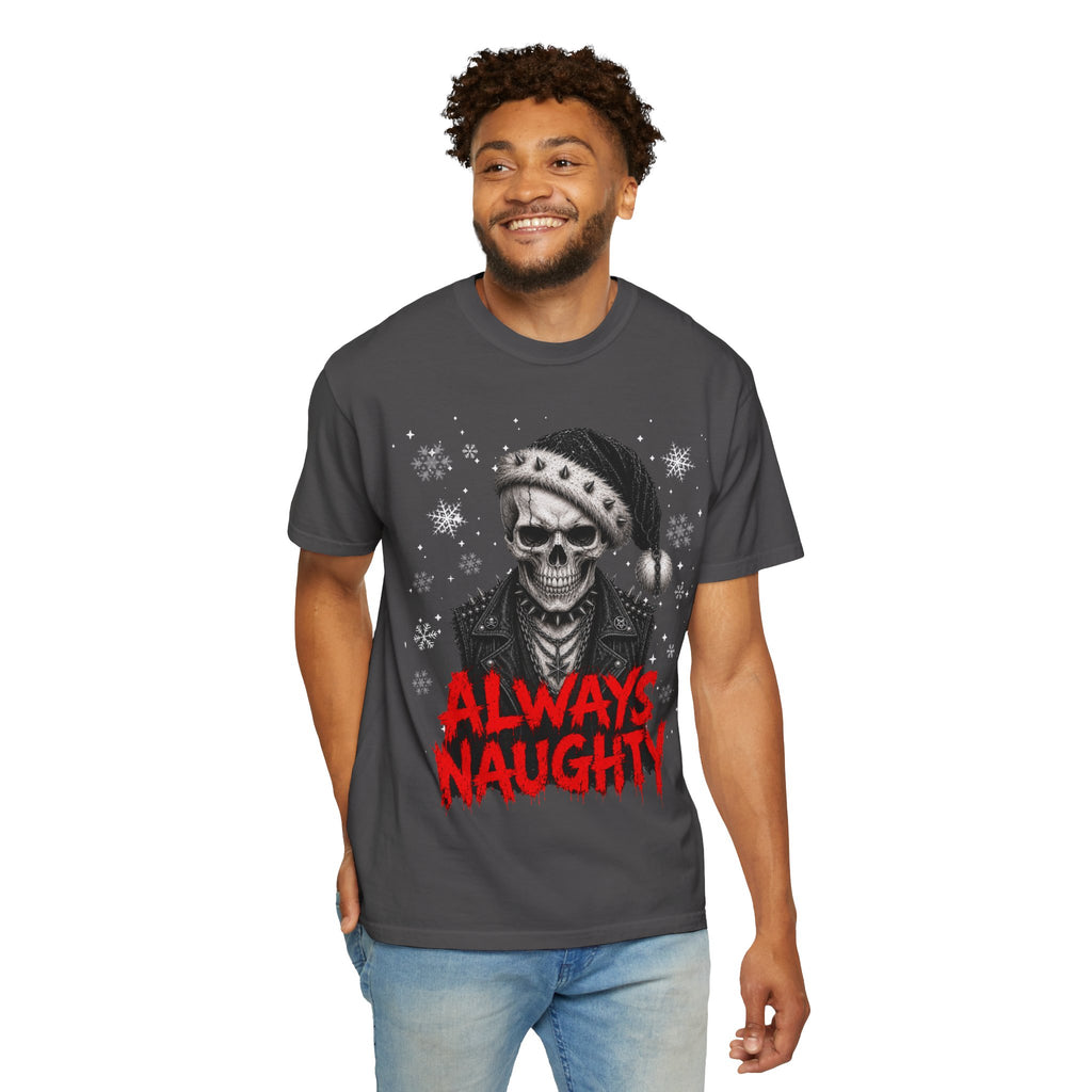 Skull with Santa Hat “Always Naughty” T-Shirt - Alternative & Gothic Christmas Tee. Midnight Eye, LLC A