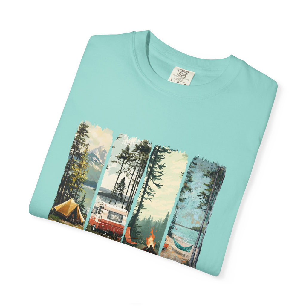 Camping Vibes T-Shirt — 'Camping Mode' Scenic Camper Retro Graphic Tee - Family Adventure Tee - Outdoor Tee - Midnight Eye, LLC